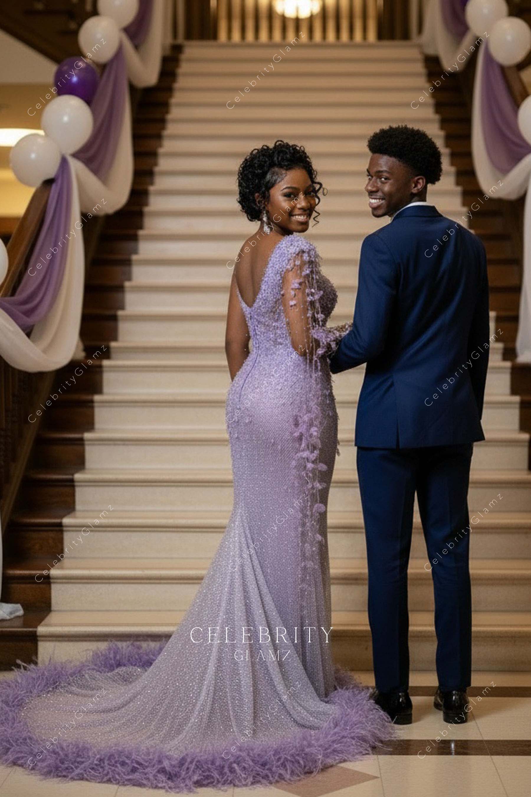 sparkly lilac mermaid feathered trim prom dress