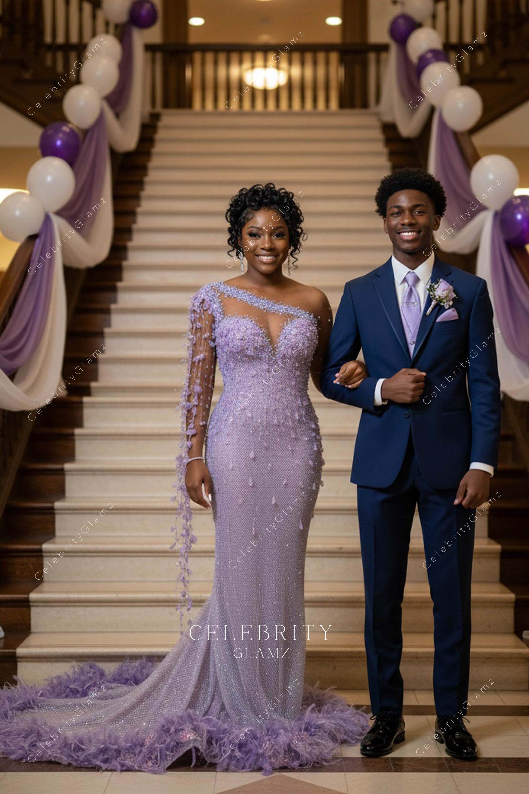 sparkly lilac sequin one shoulder prom dress