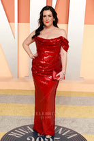 sparkly Melanie Lynskey red sequin 2025 Vanity fair party dress