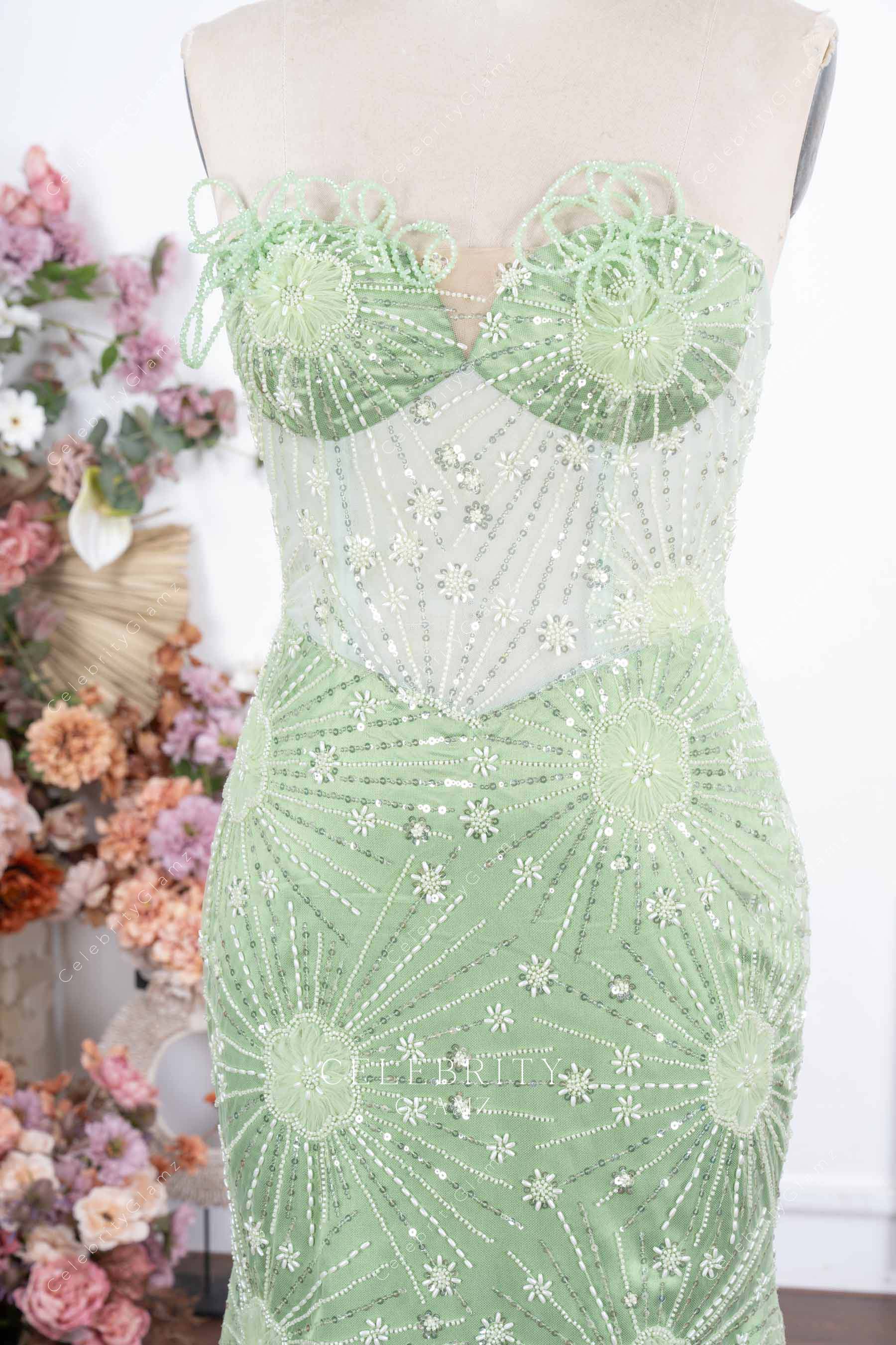 sparkly mint green sweetheart prom dress