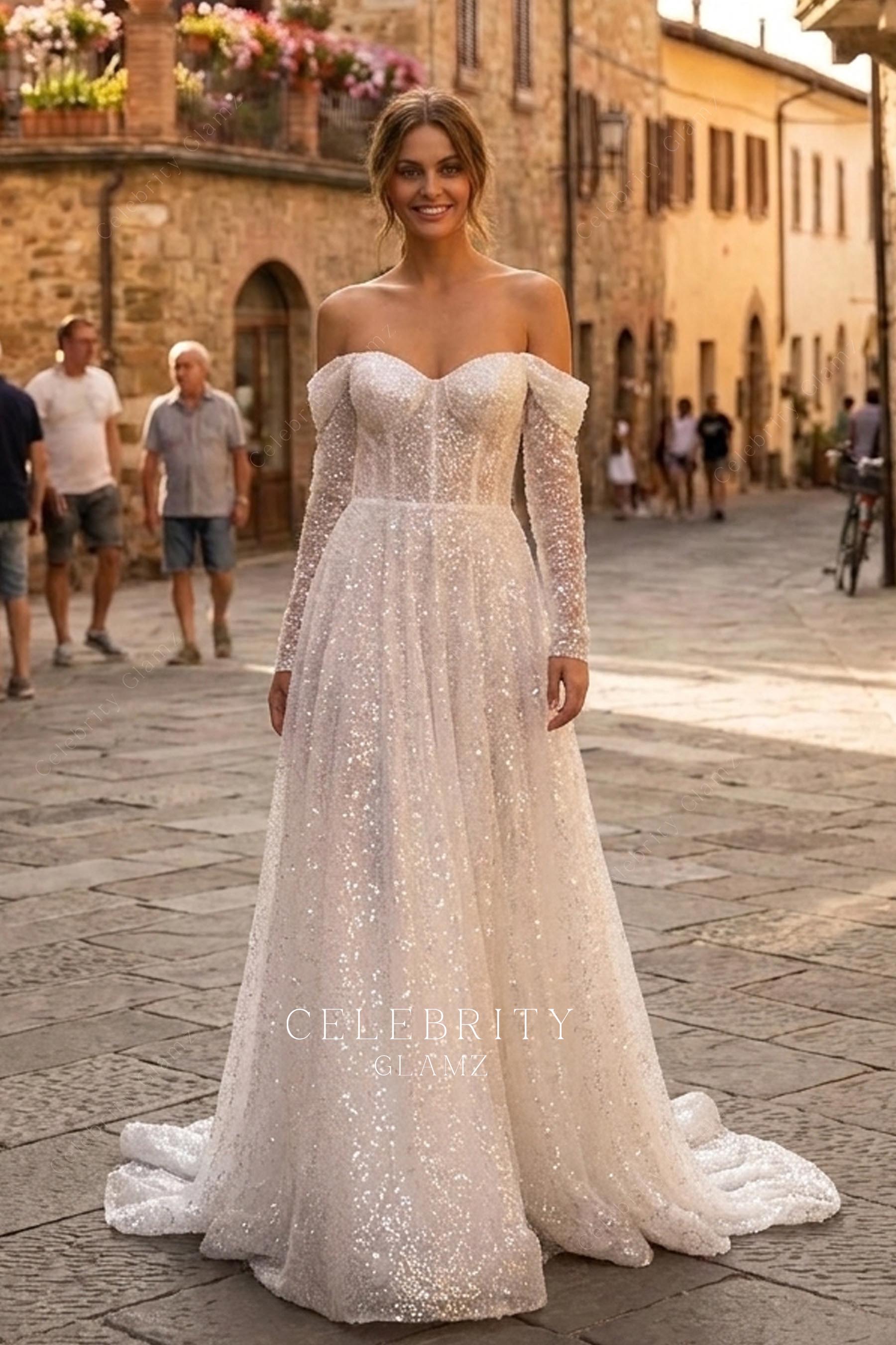 sparkly off shoulder bridal dress