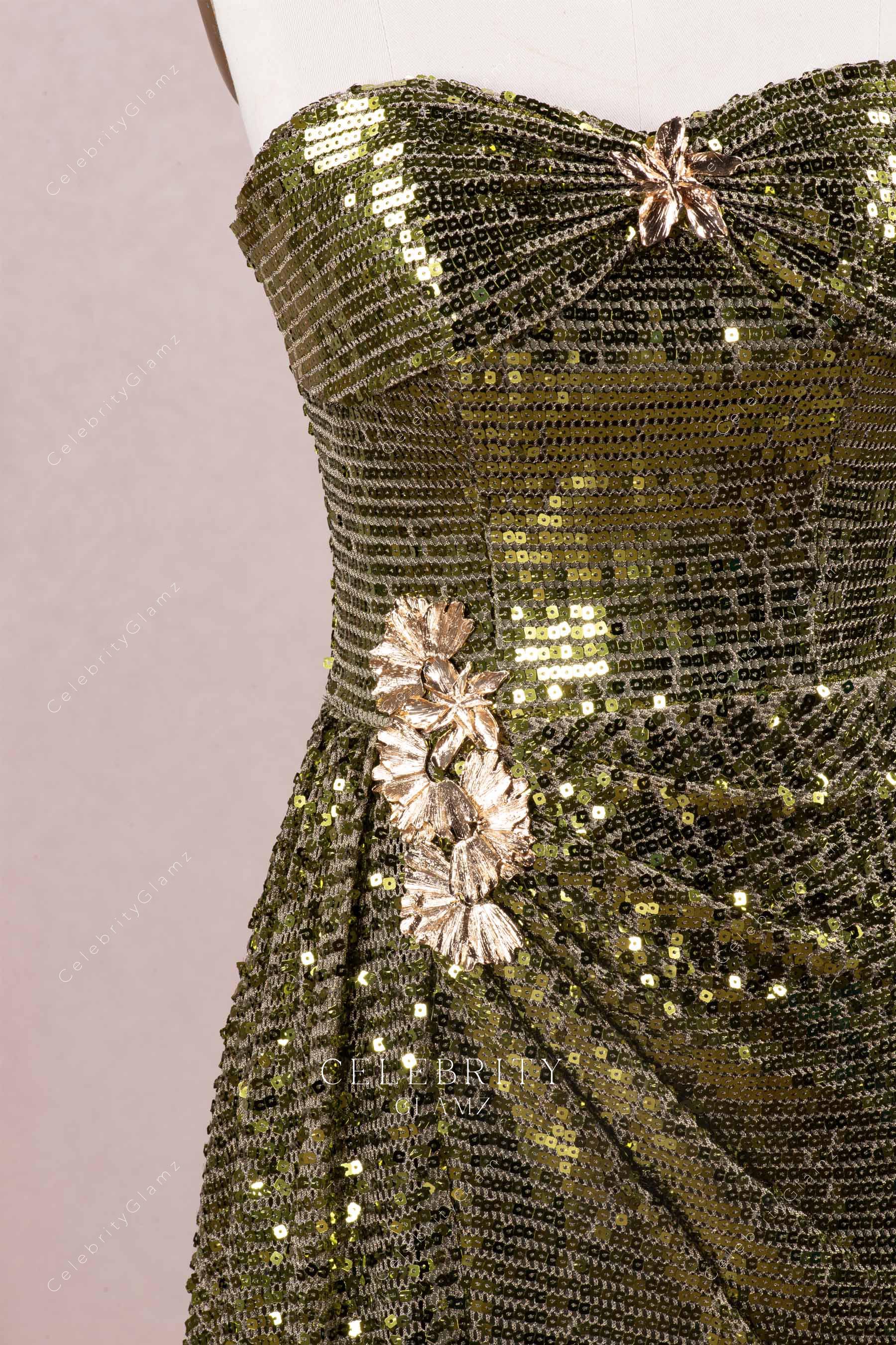 sparkly olive sweetheart neck prom dress