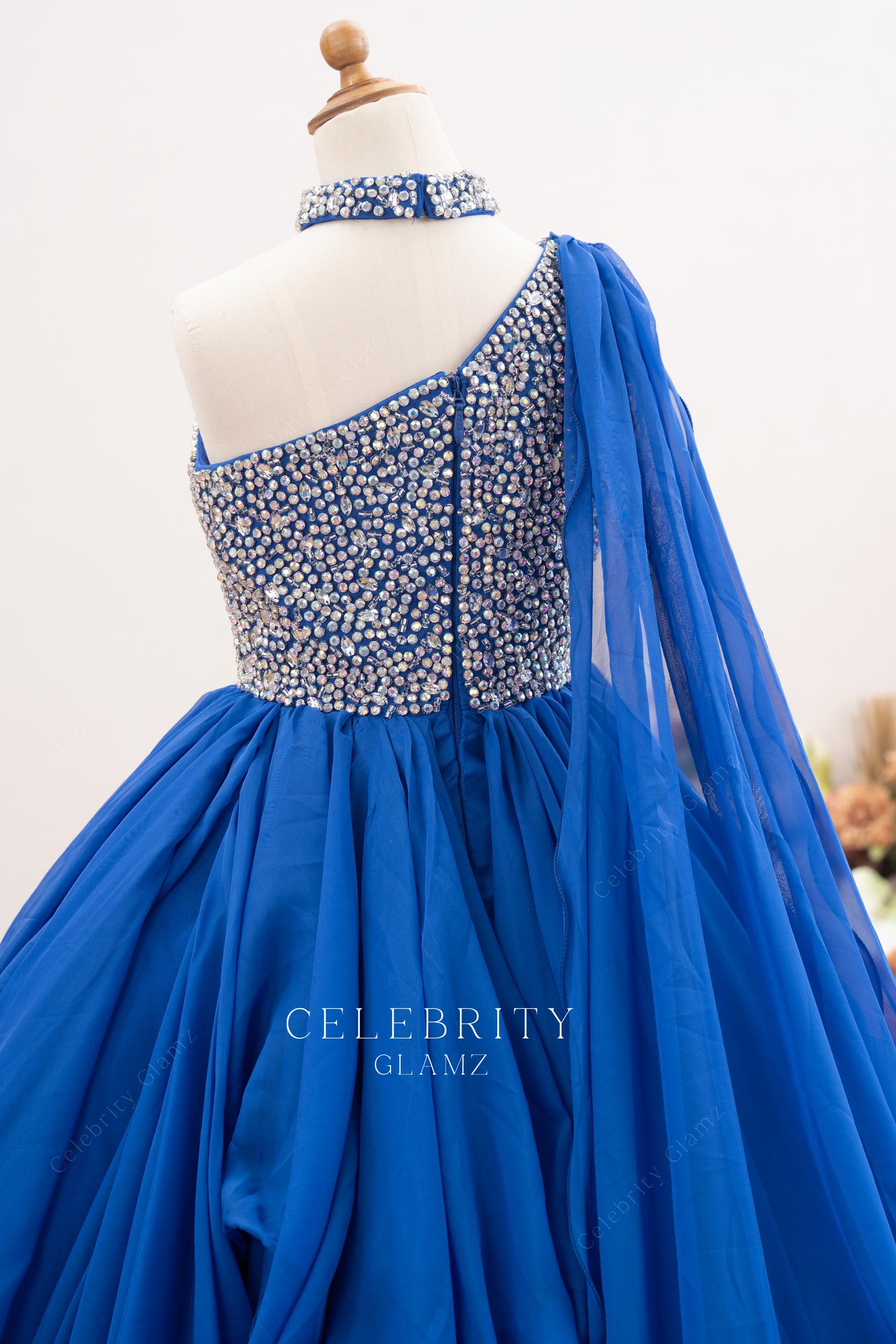 sparkly rhinestone asymmetrical back pageant dress
