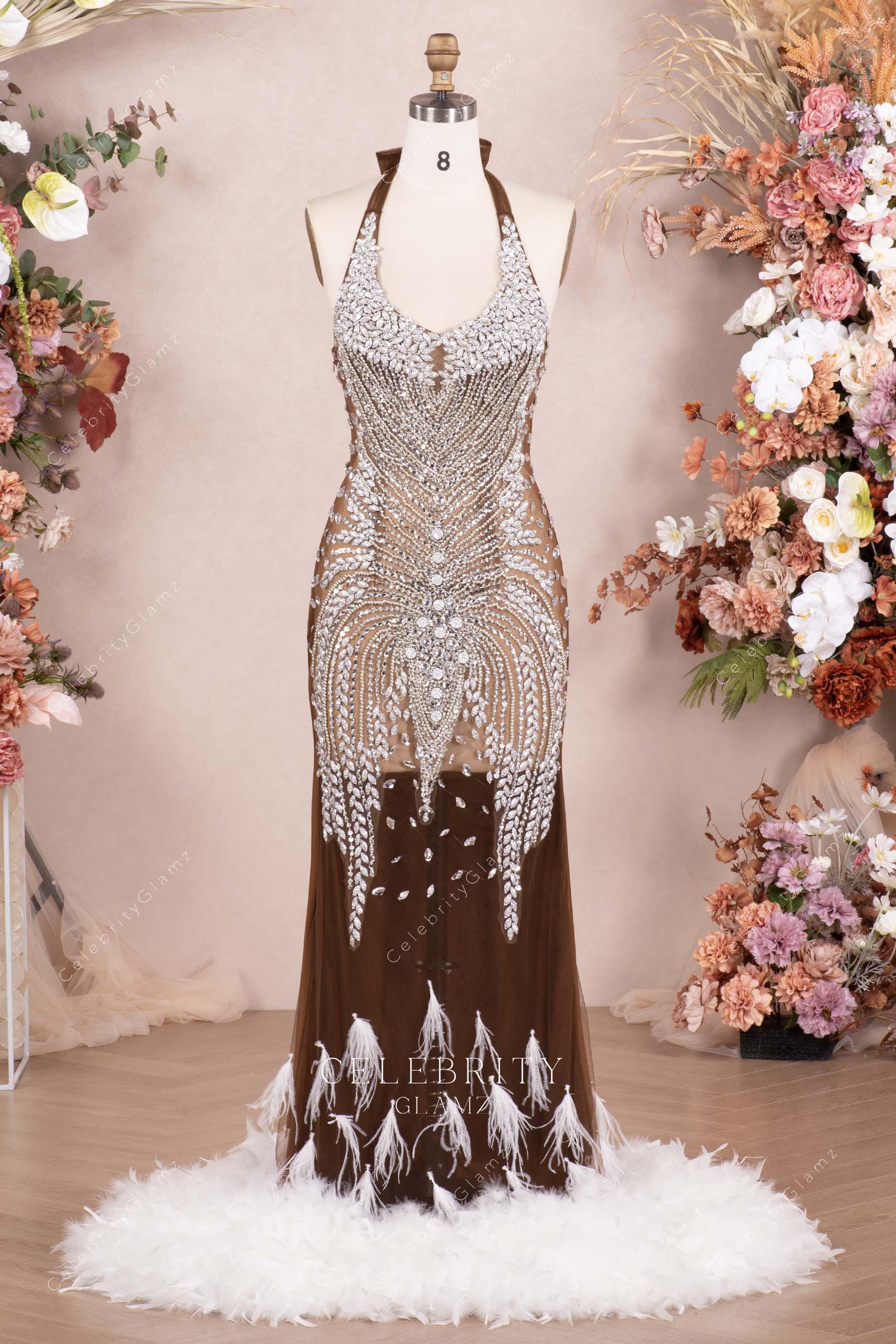 sparkly rhinestone feathers prom dress