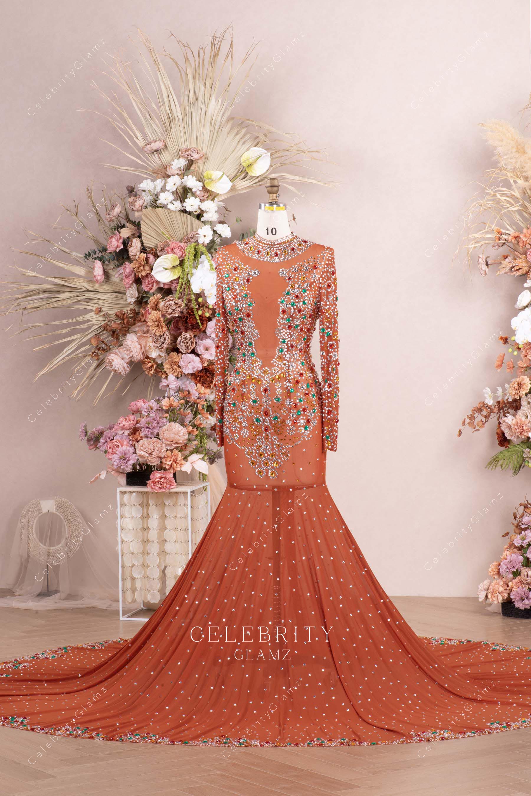 sparkly rhinestones tan prom dress