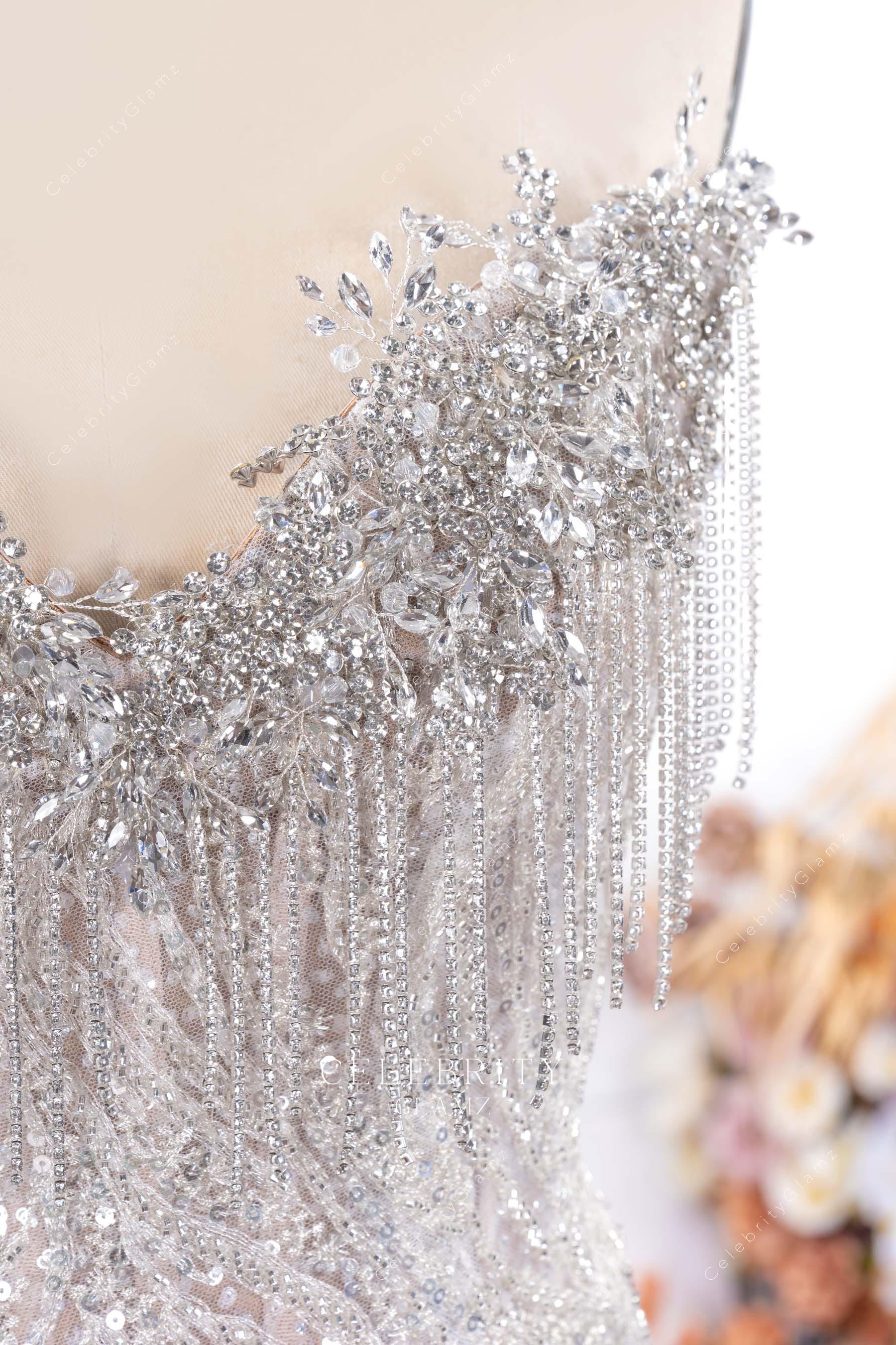sparkly rhinestones tassel prom gown