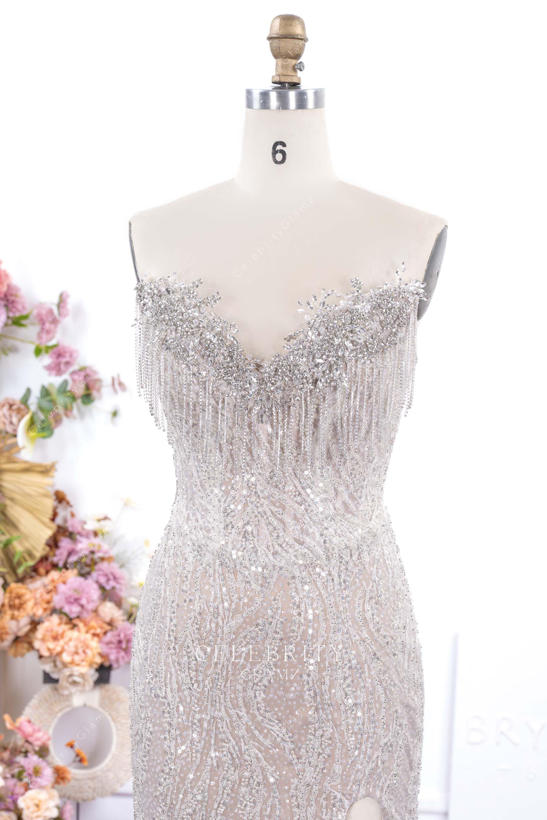 sparkly rhinestones v neck formal gown