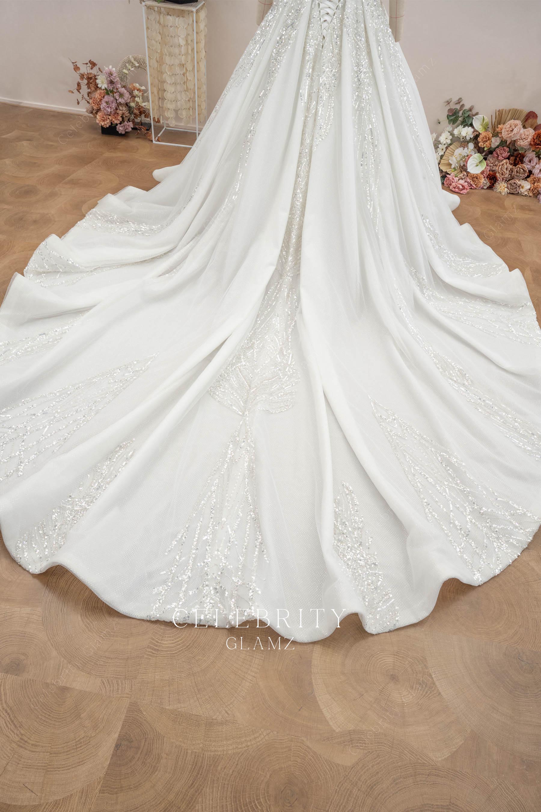 sparkly sequin lace long train wedding dress
