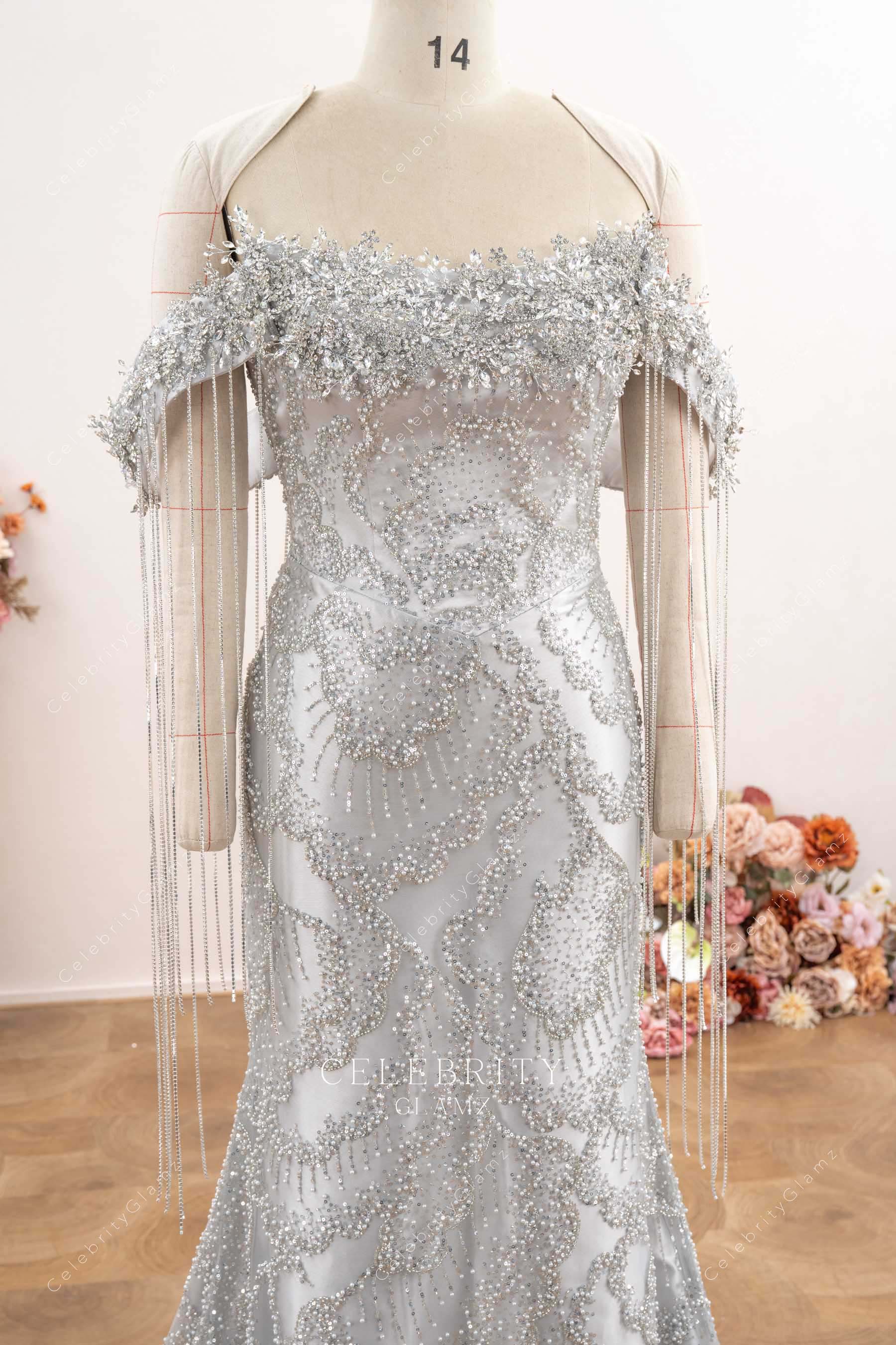 sparkly silver sequin scoop neck prom dress