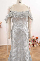 sparkly silver sequin scoop neck prom dress