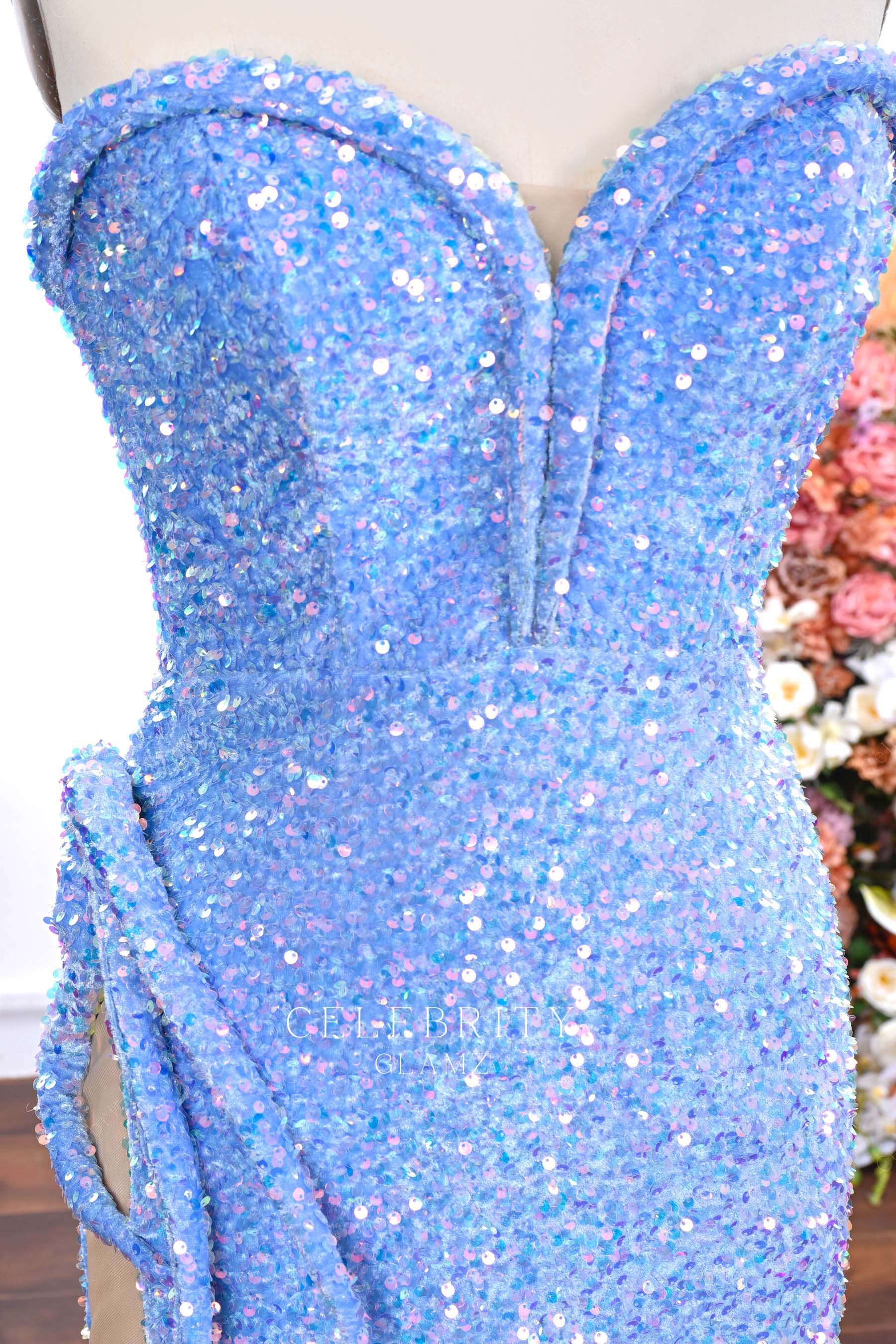 sparkly sky blue glitter strapless prom dress