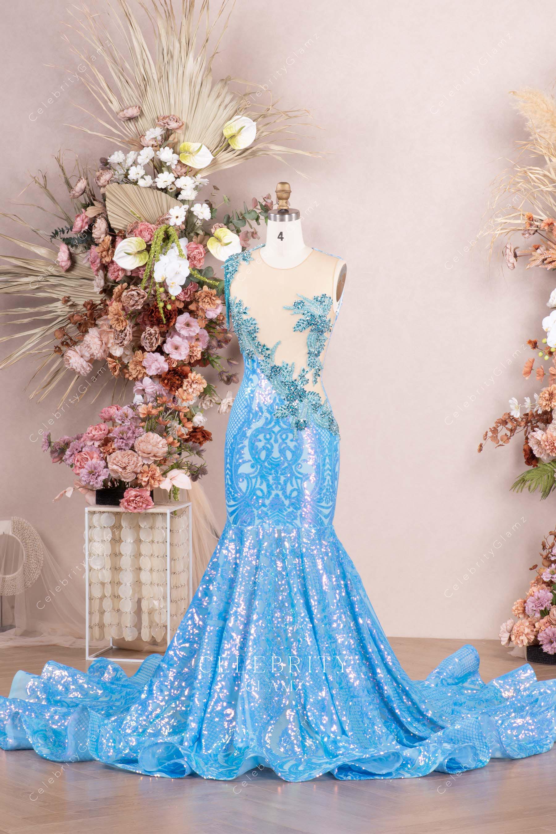 sparkly sky blue trumpet prom dress