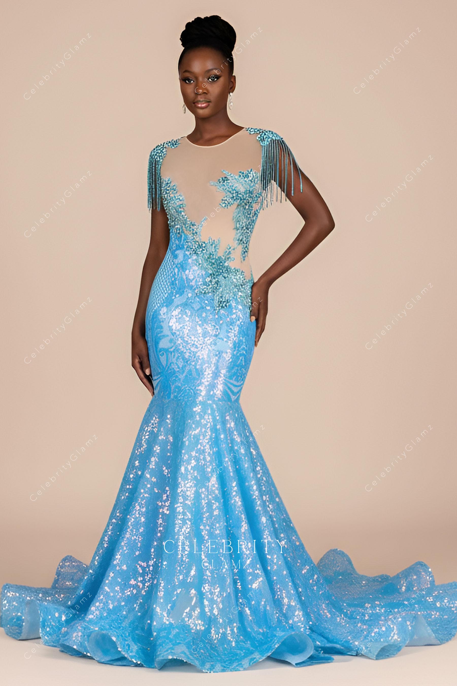 sparkly tassel shoulder prom dress
