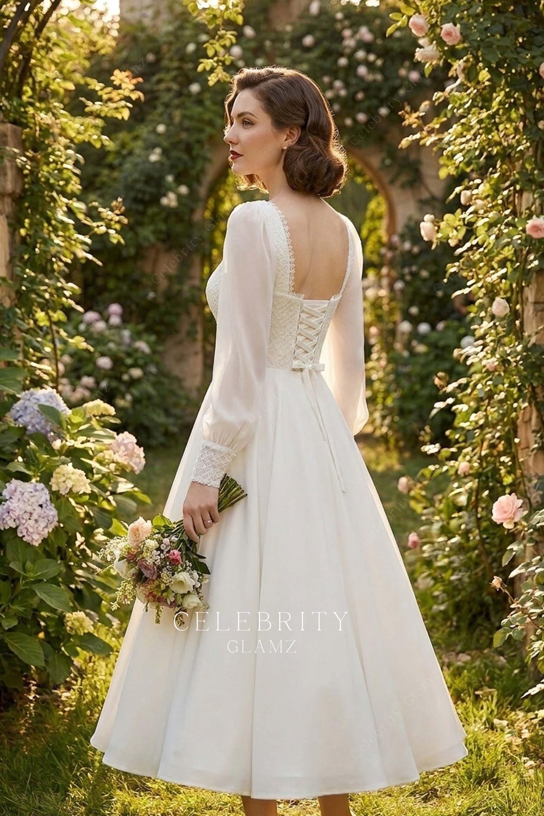 square lace up back wedding dress