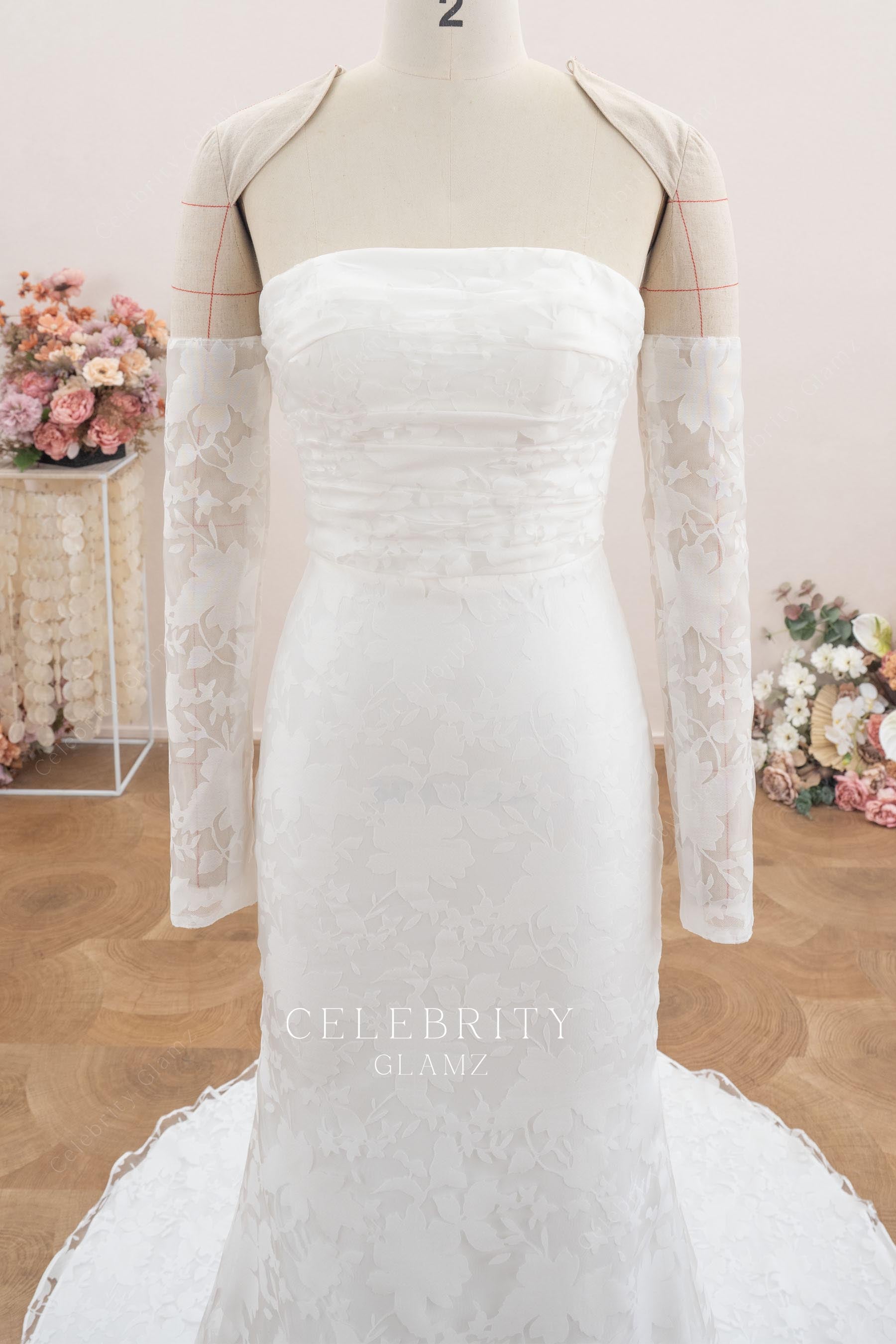 straight across off the shoulder wedding dress
