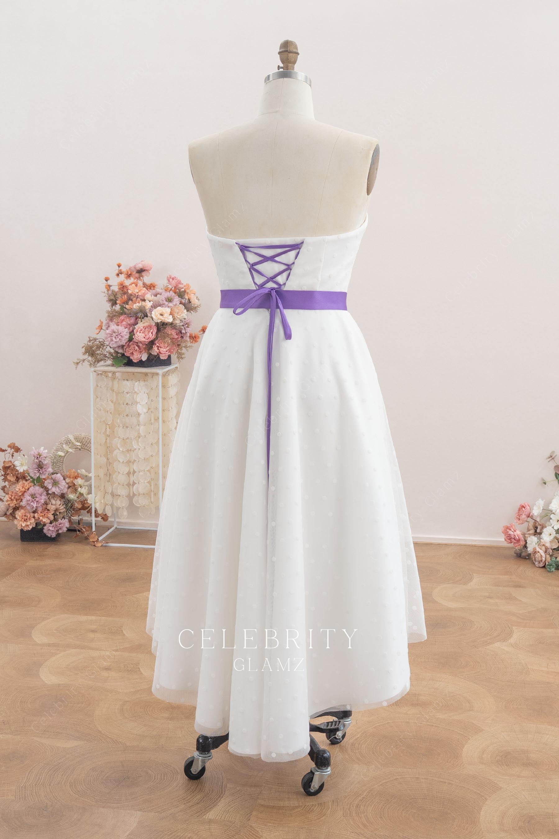 strapless a line tea length bridal dress