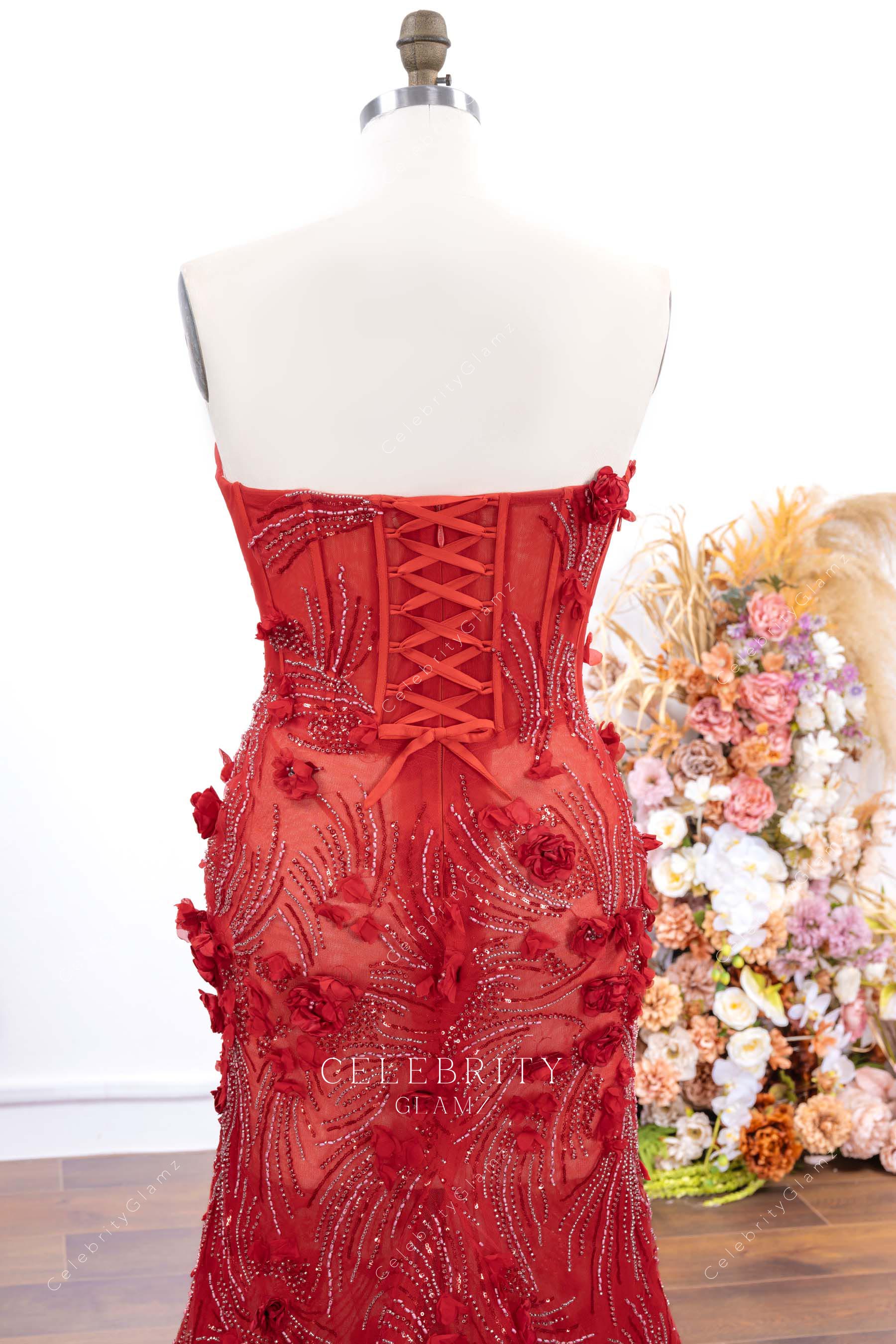 strapless open back red prom dress