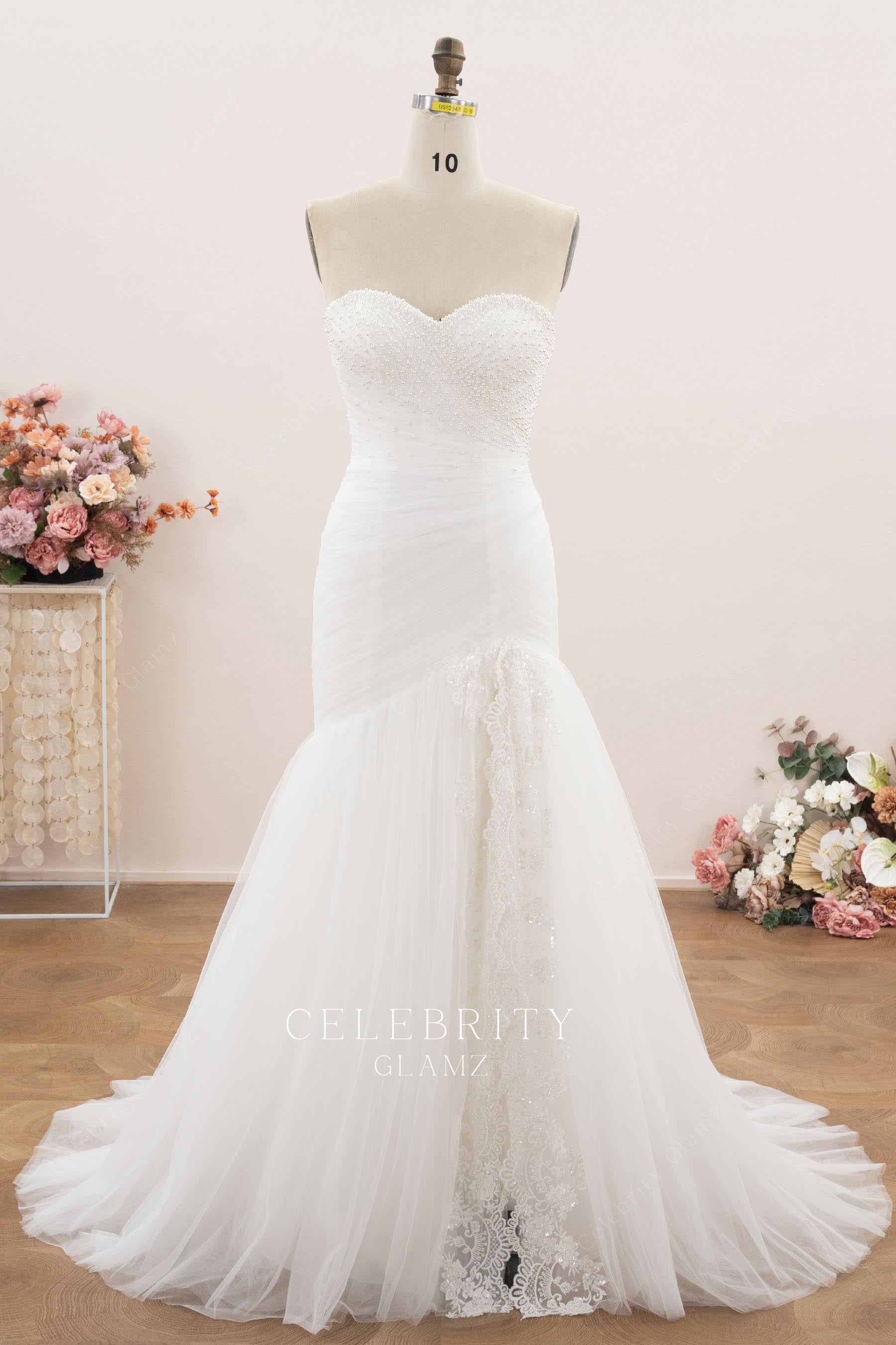 strapless pearls sweetheart wedding dress
