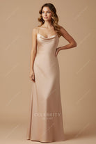 taupe satin cowl neck evening dress