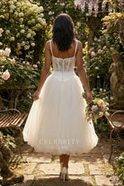 thin straps tea length wedding dress