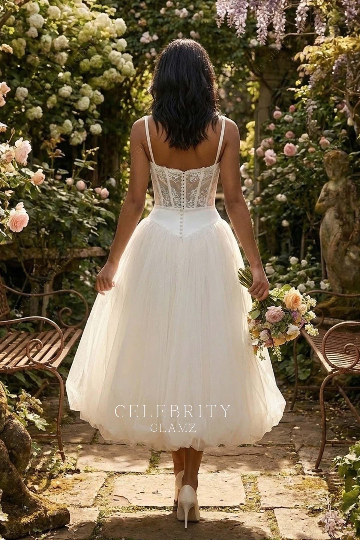 thin straps tea length wedding dress