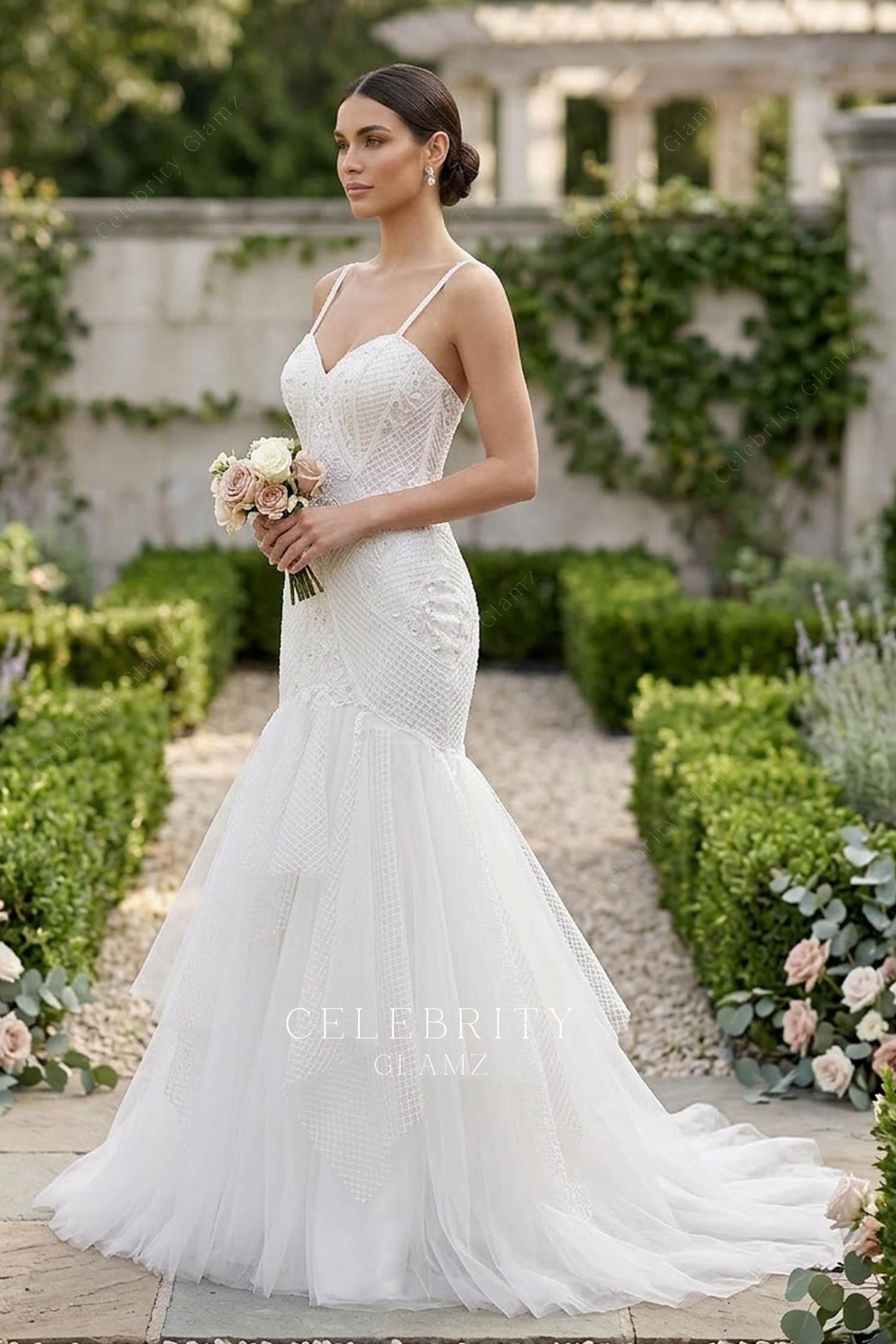 thin straps trumpet chapel train wedding dress