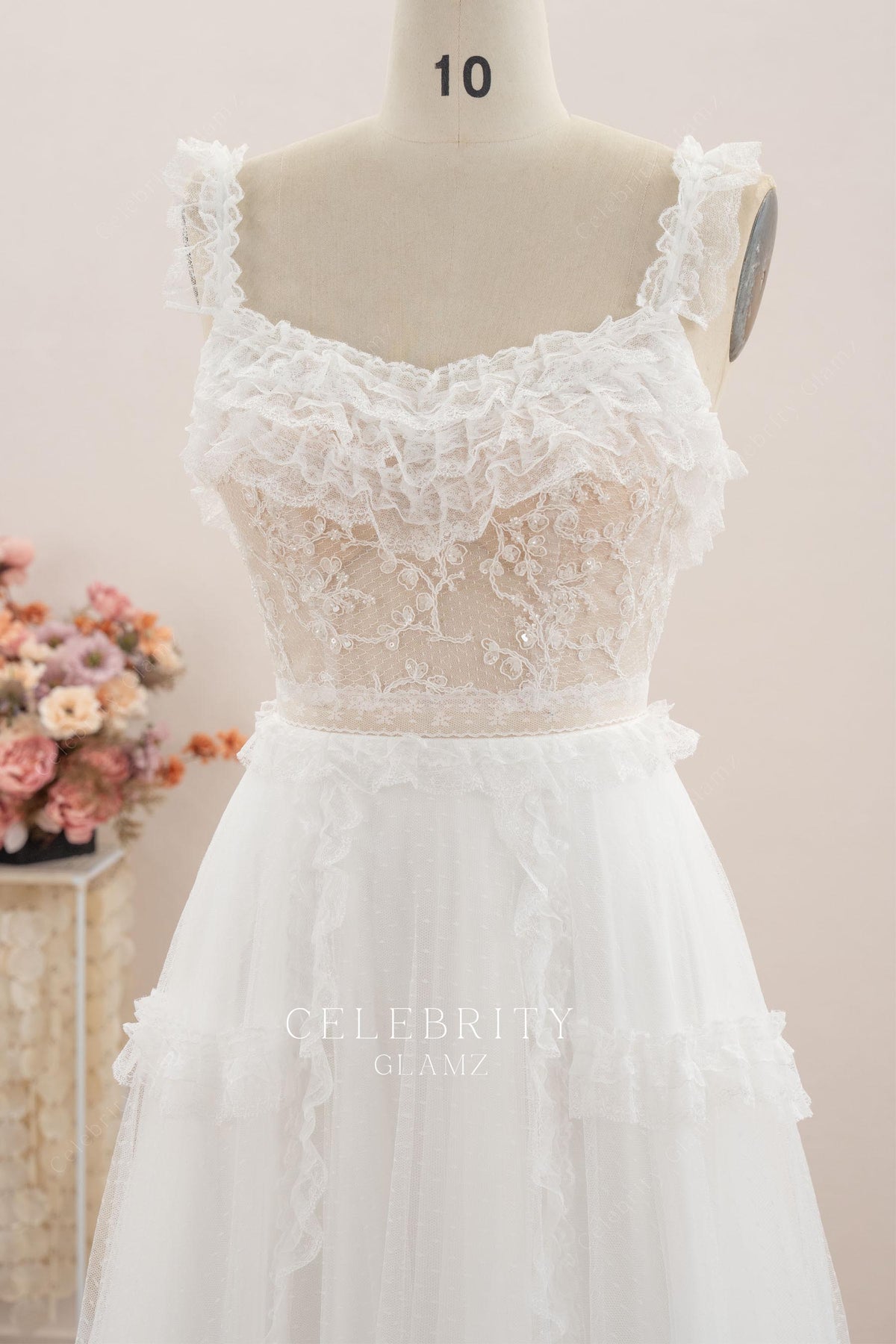 thin straps v neck wedding dress