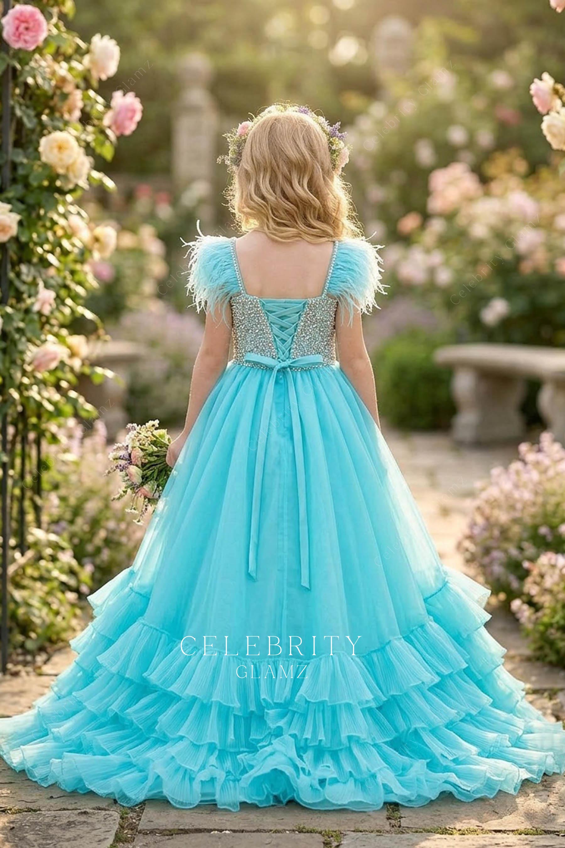 turquoise feather shoulder pageant gown