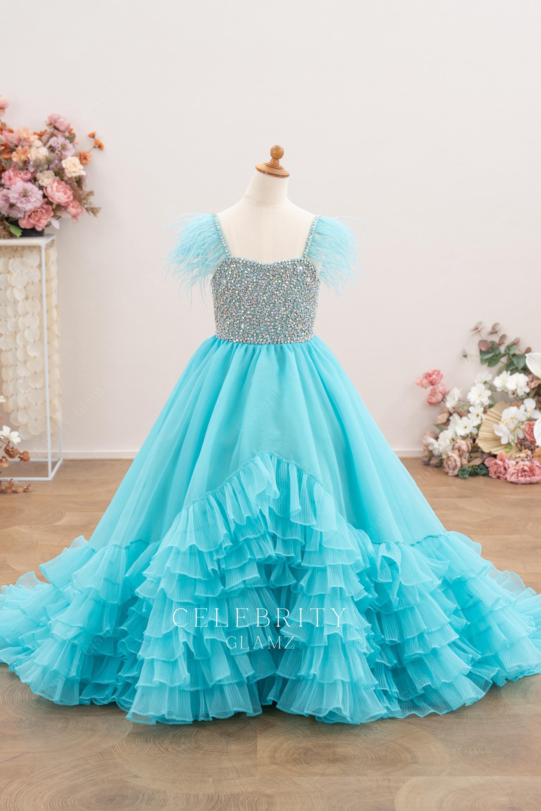 turquoise ruffles organza pageant gown