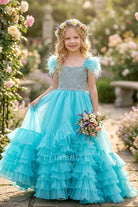 turquoise tiered organza pageant gown