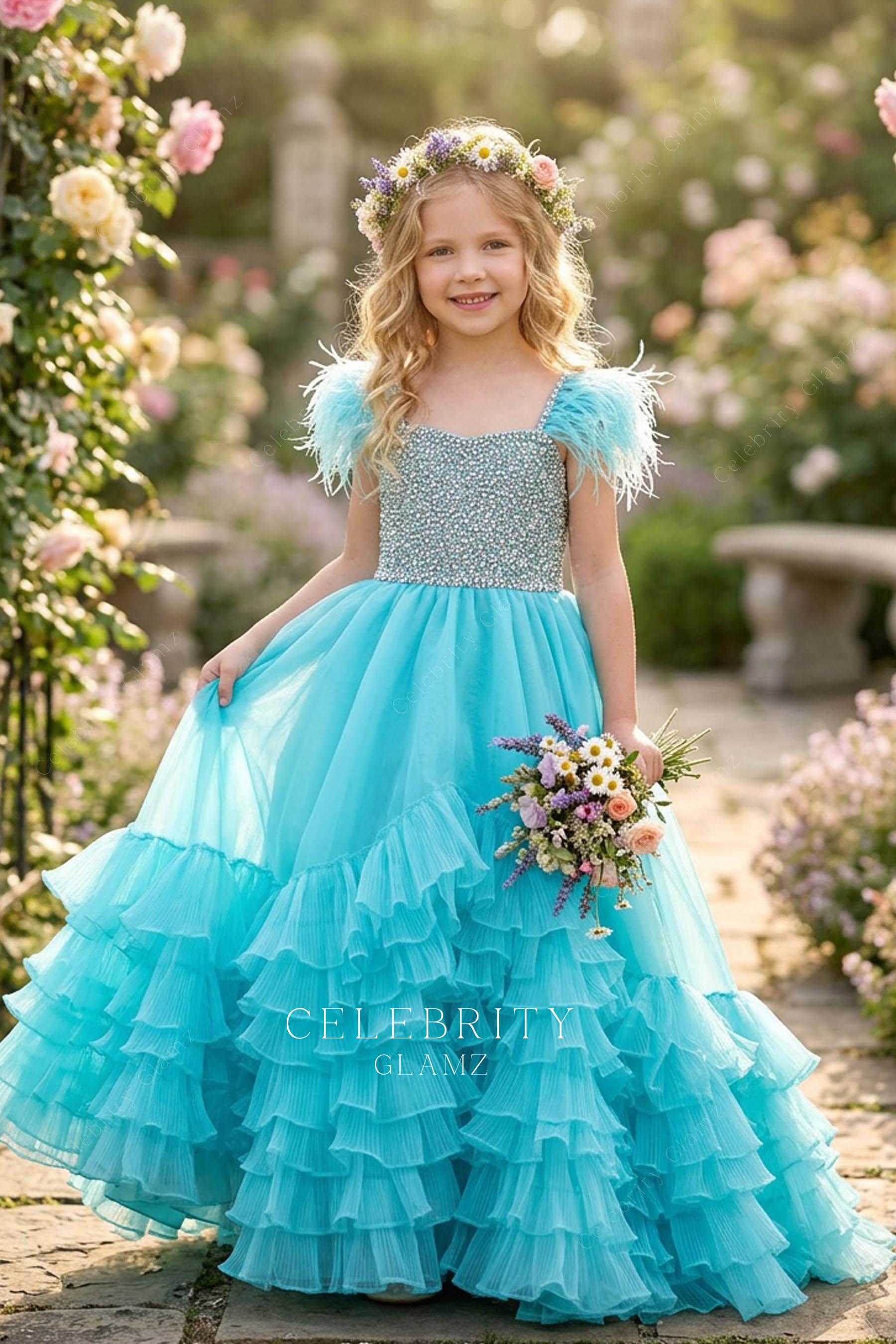 turquoise tiered organza pageant gown