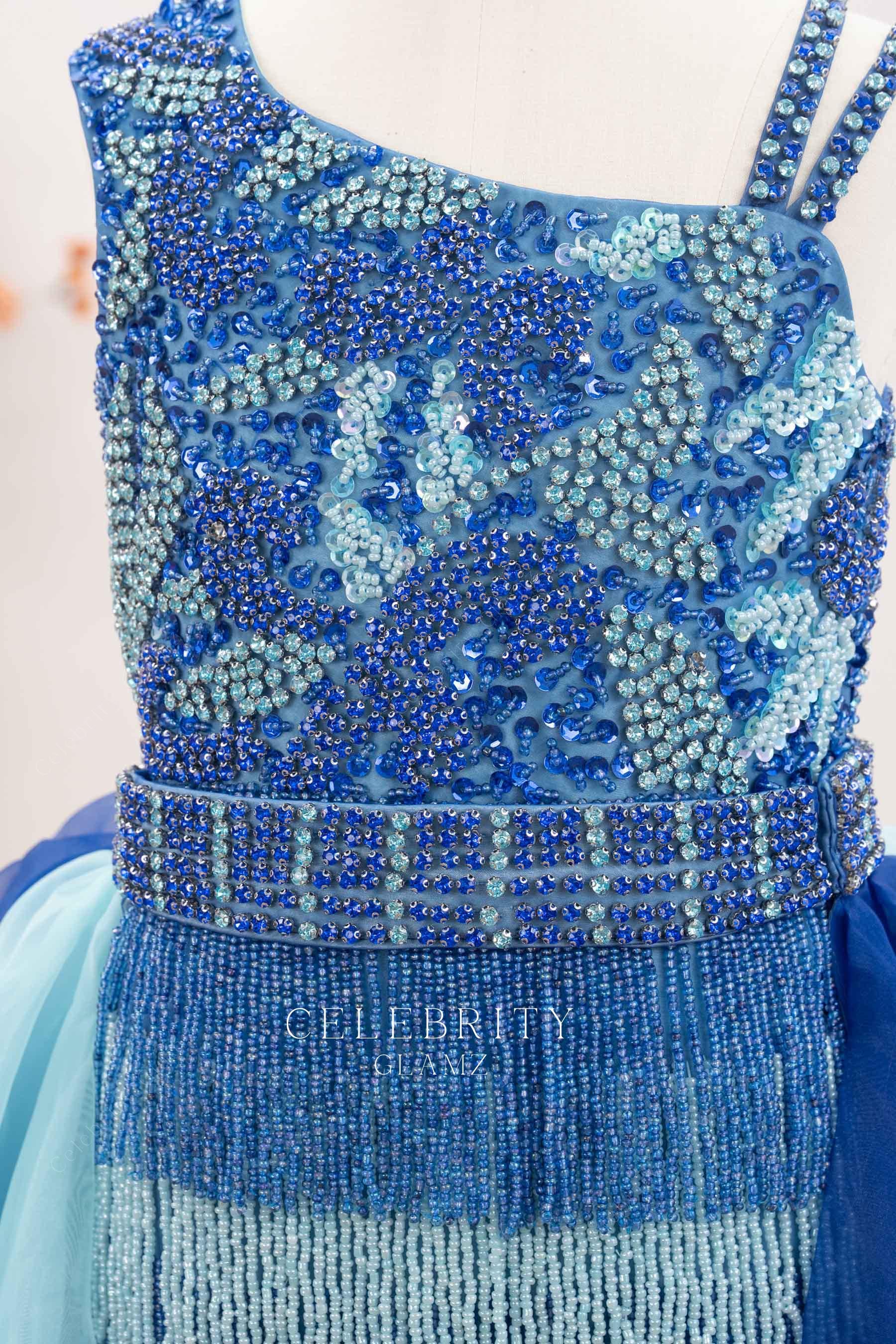 two-tone beaded asymmetrical pageant dress