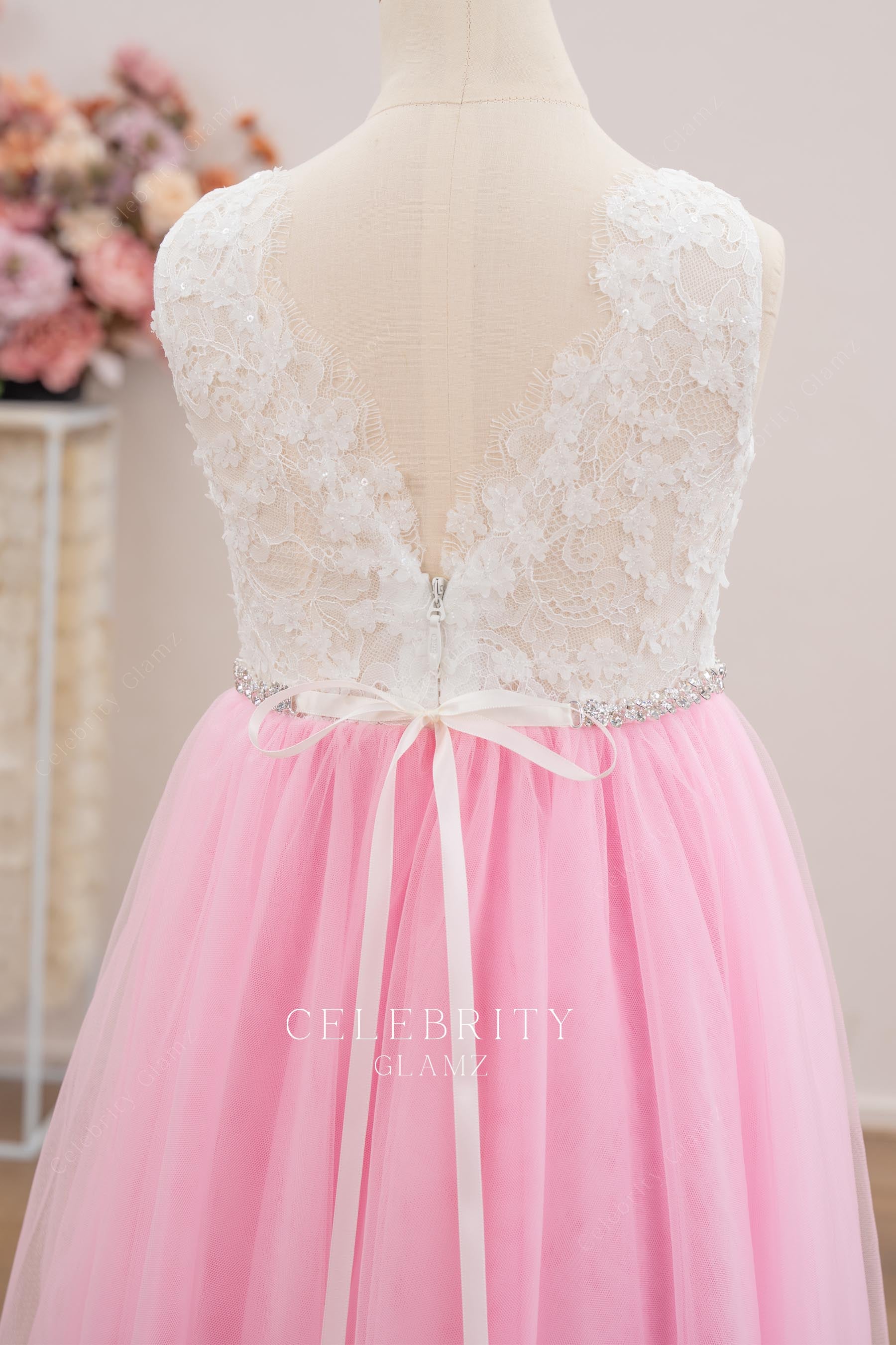 two tone illusion lace back flower girl dress
