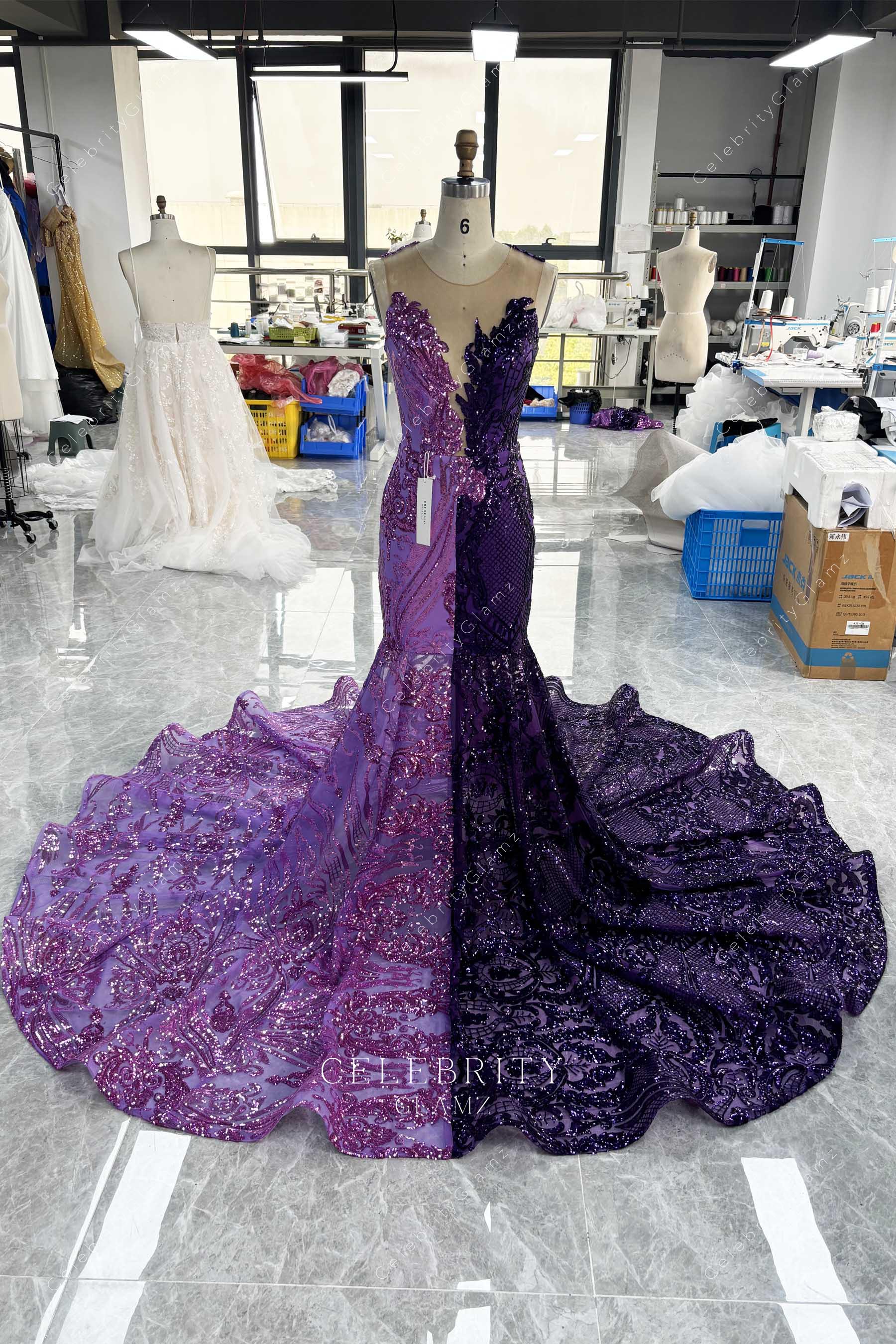 two tone illusion neck trumpet prom dress