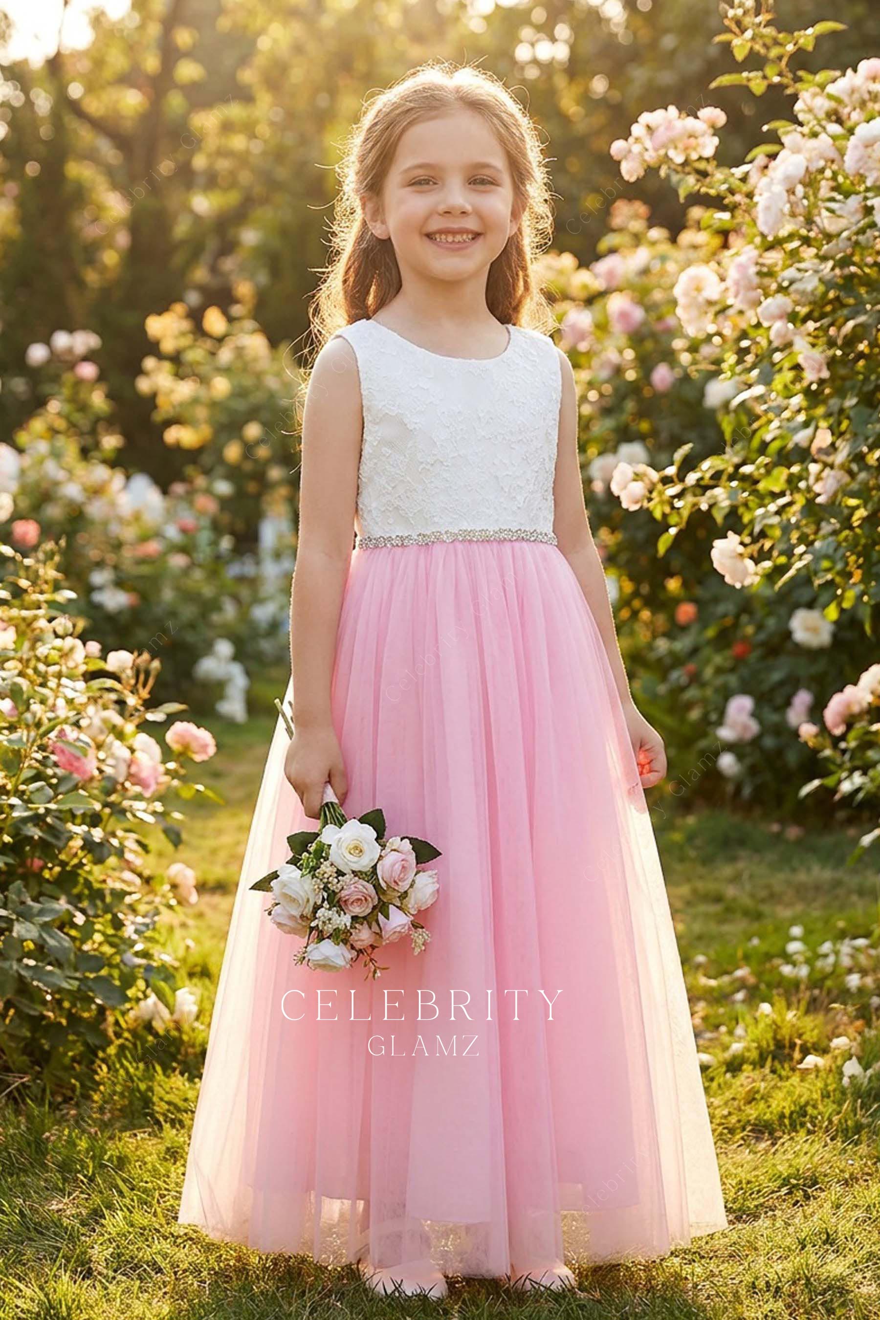 two tone lace a line flower girl dress