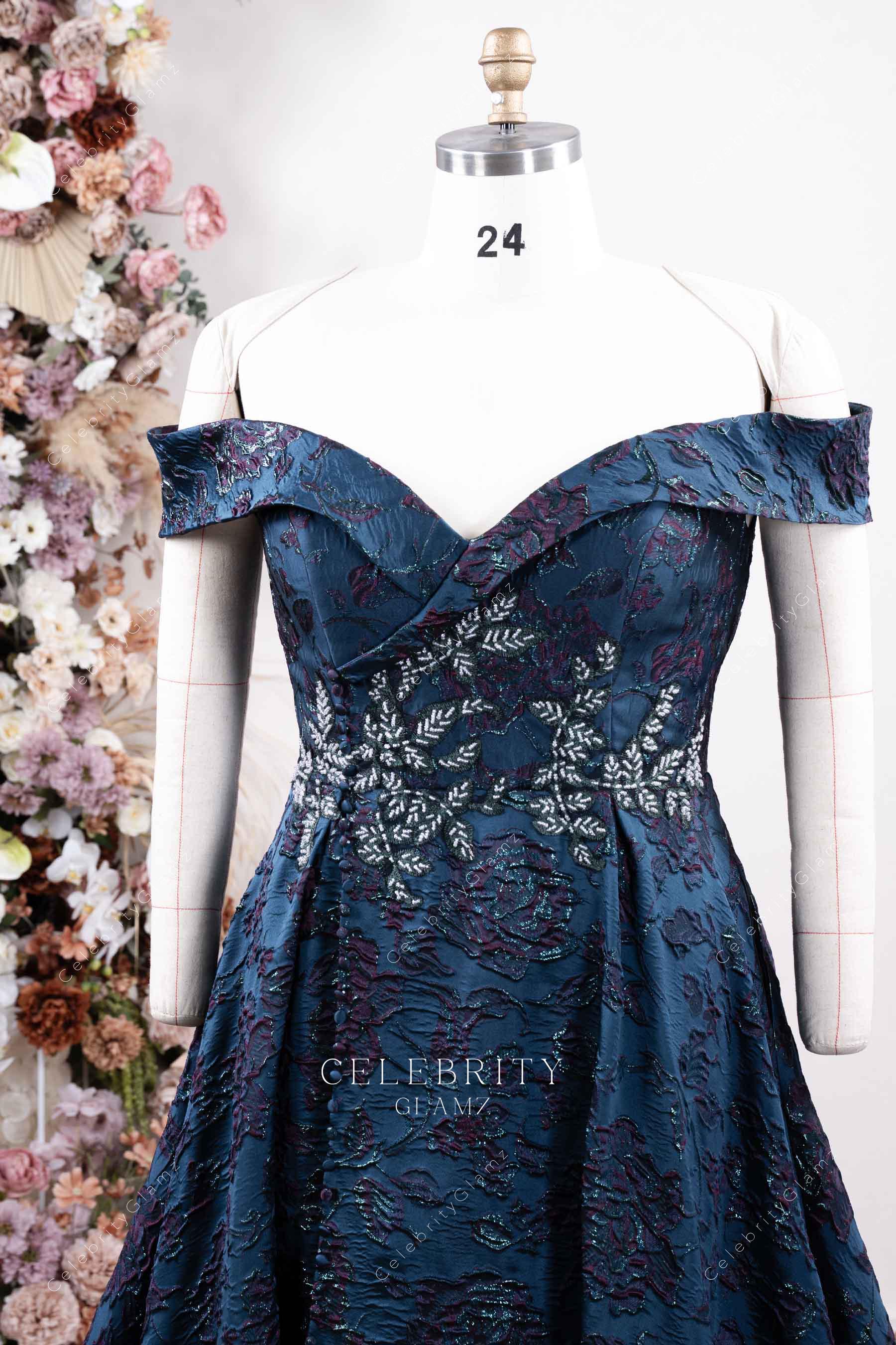 two tone off shoulder prom dress