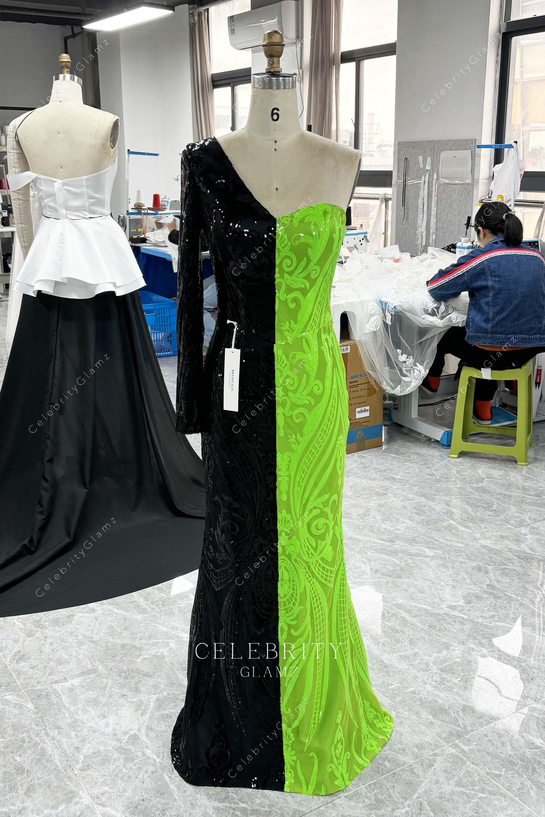 two tone one sleeve prom dress