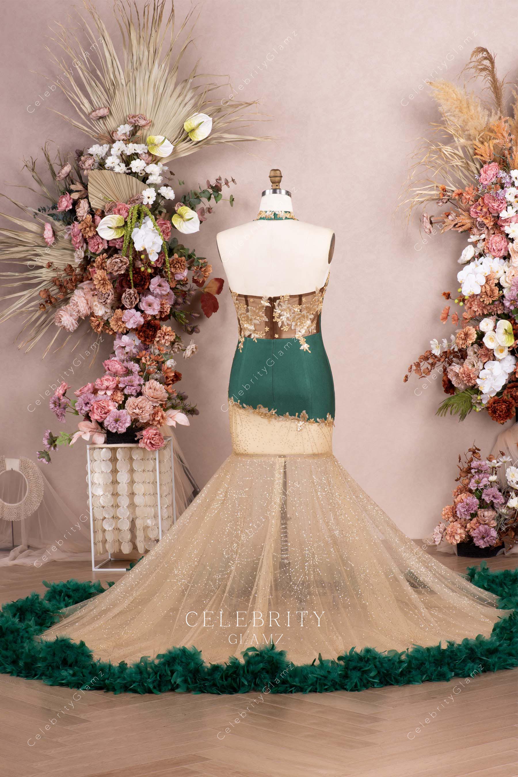 two tone open back prom dress