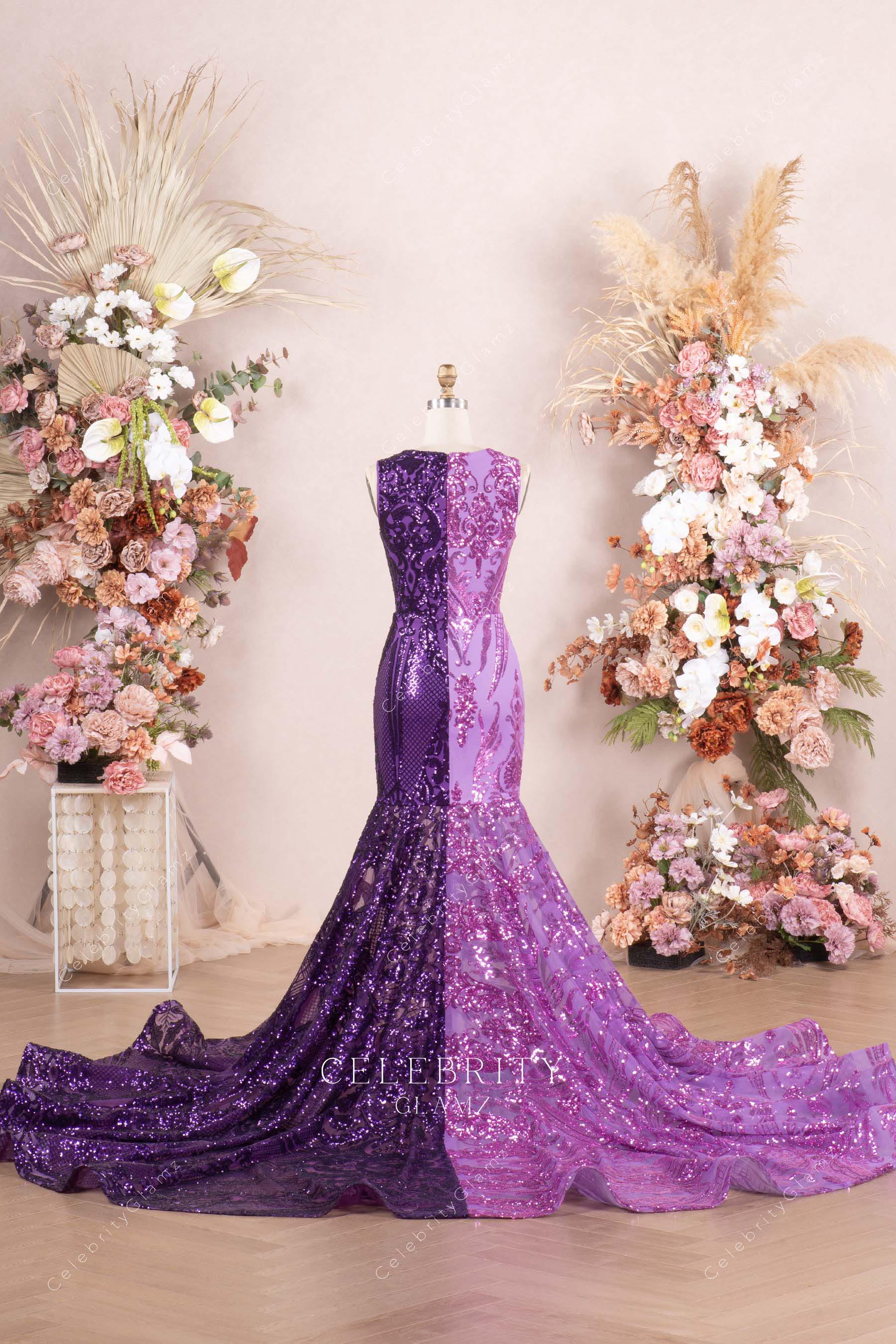 two tone sequin trumpet chapel train prom dress