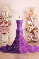 two tone sequin trumpet chapel train prom dress