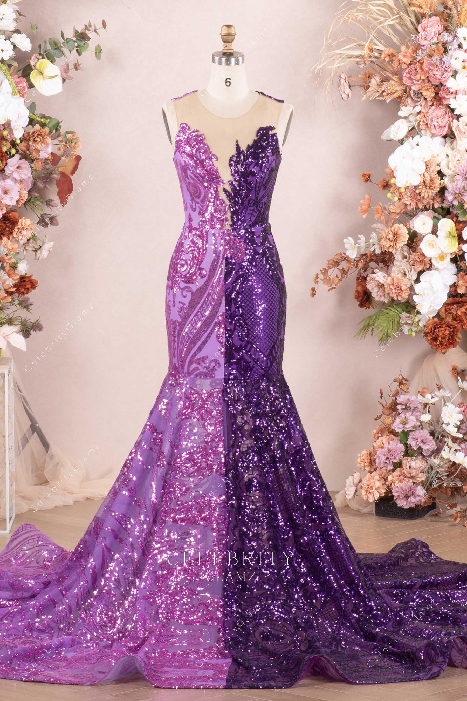 two tone sequin trumpet prom dress