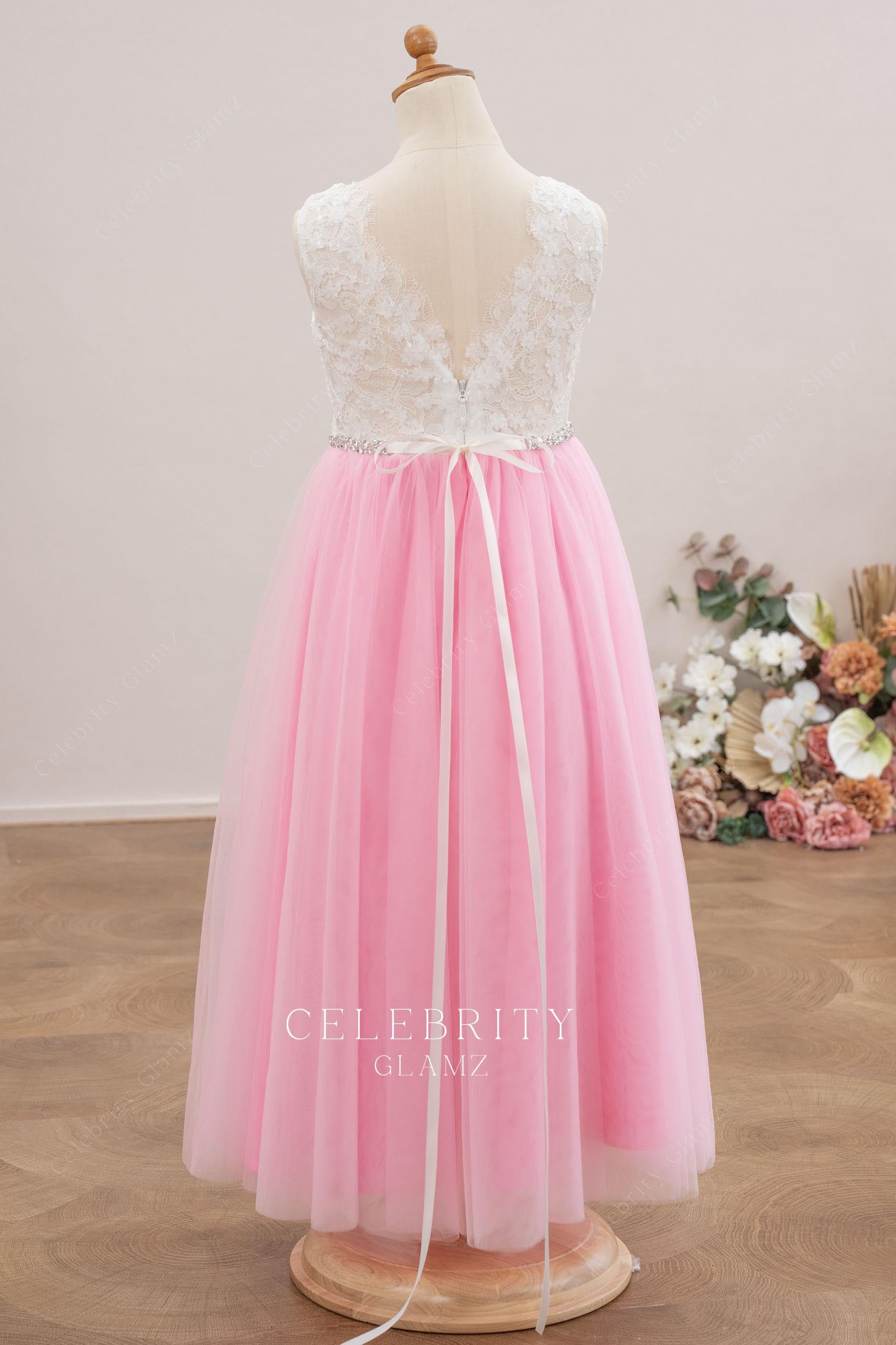 two tone v back flower girl dress