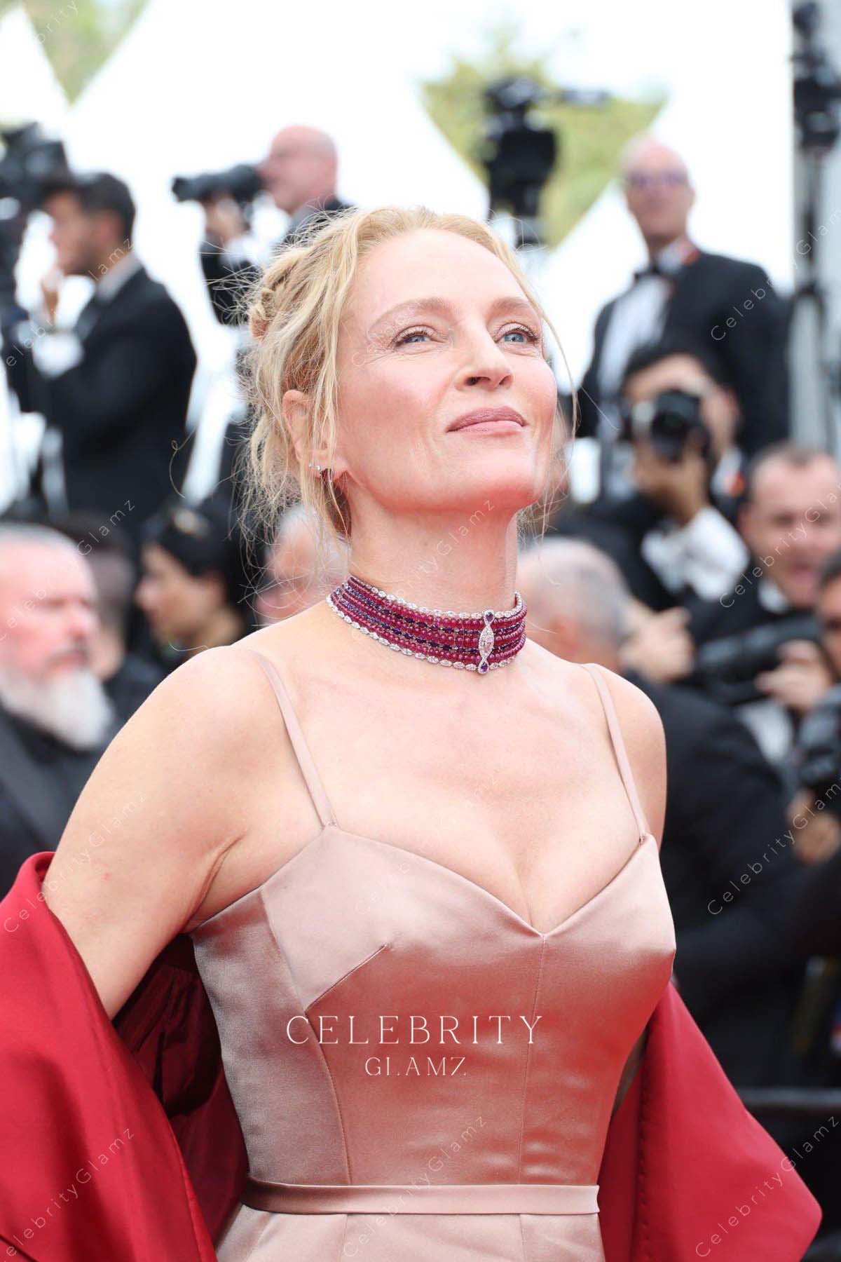 Uma Thurman v neck dress 2023 Cannes film festival 