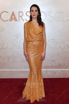 Vic Carmen Sonne 2025 Oscars red carpet floor length formal dress