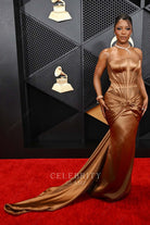 Victoria Monét brown long train prom dress Grammys red carpet 2024