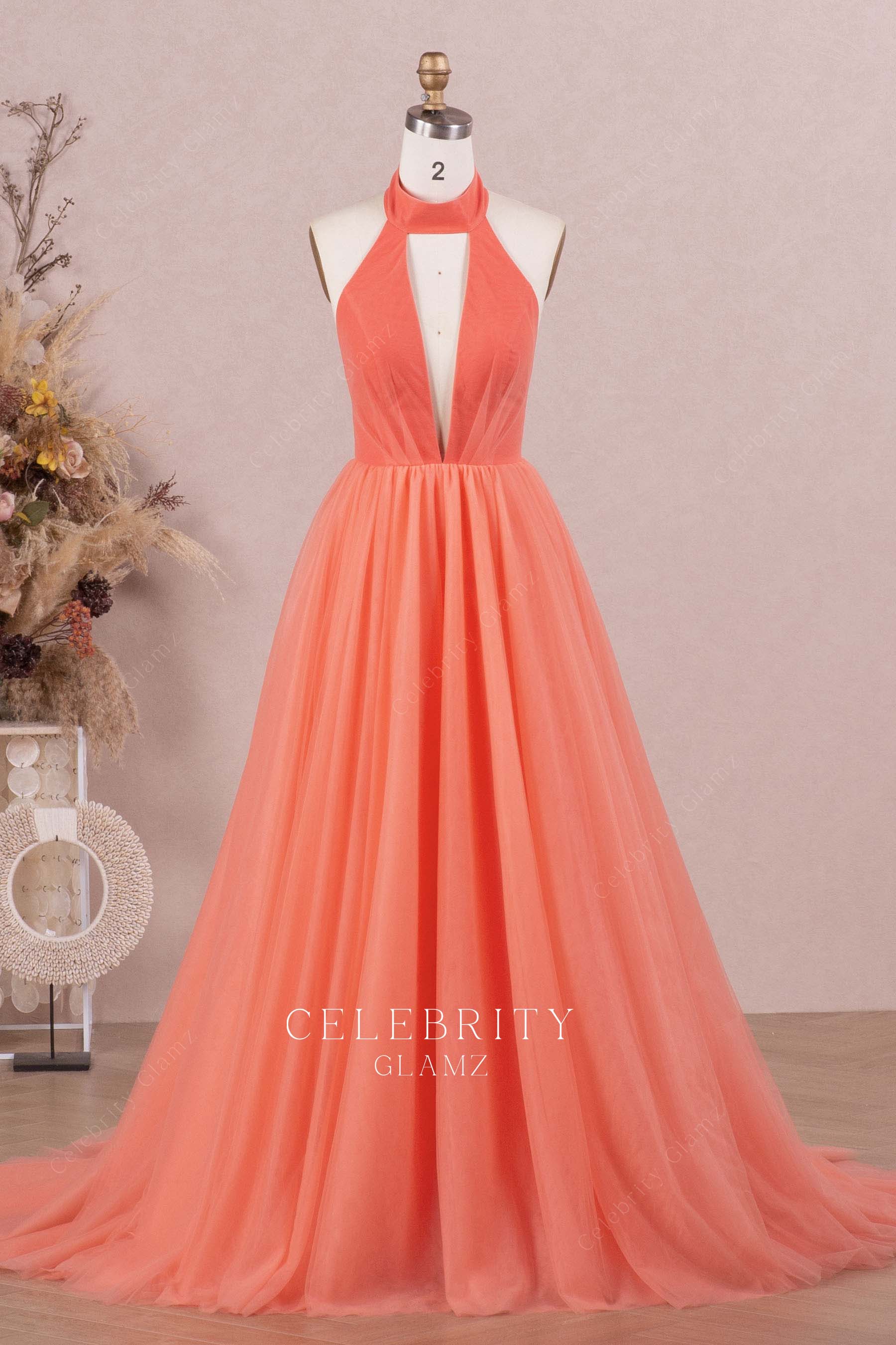 watermelon halter a line prom dress