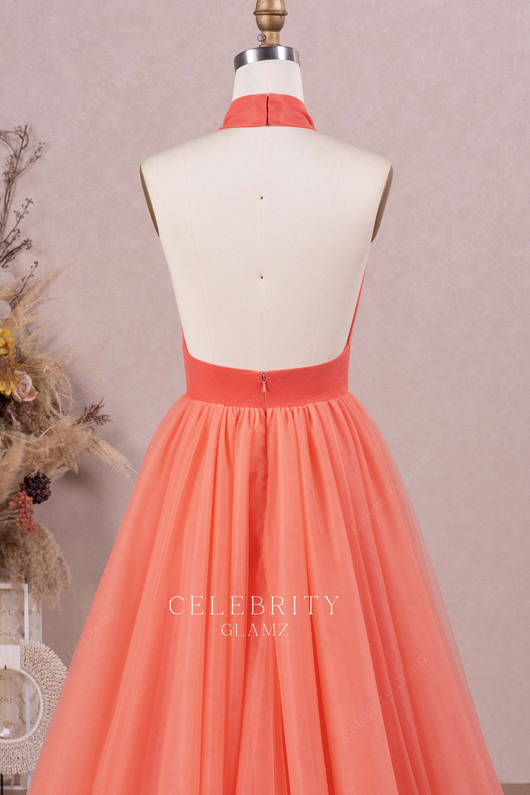 watermelon halter open back prom dress