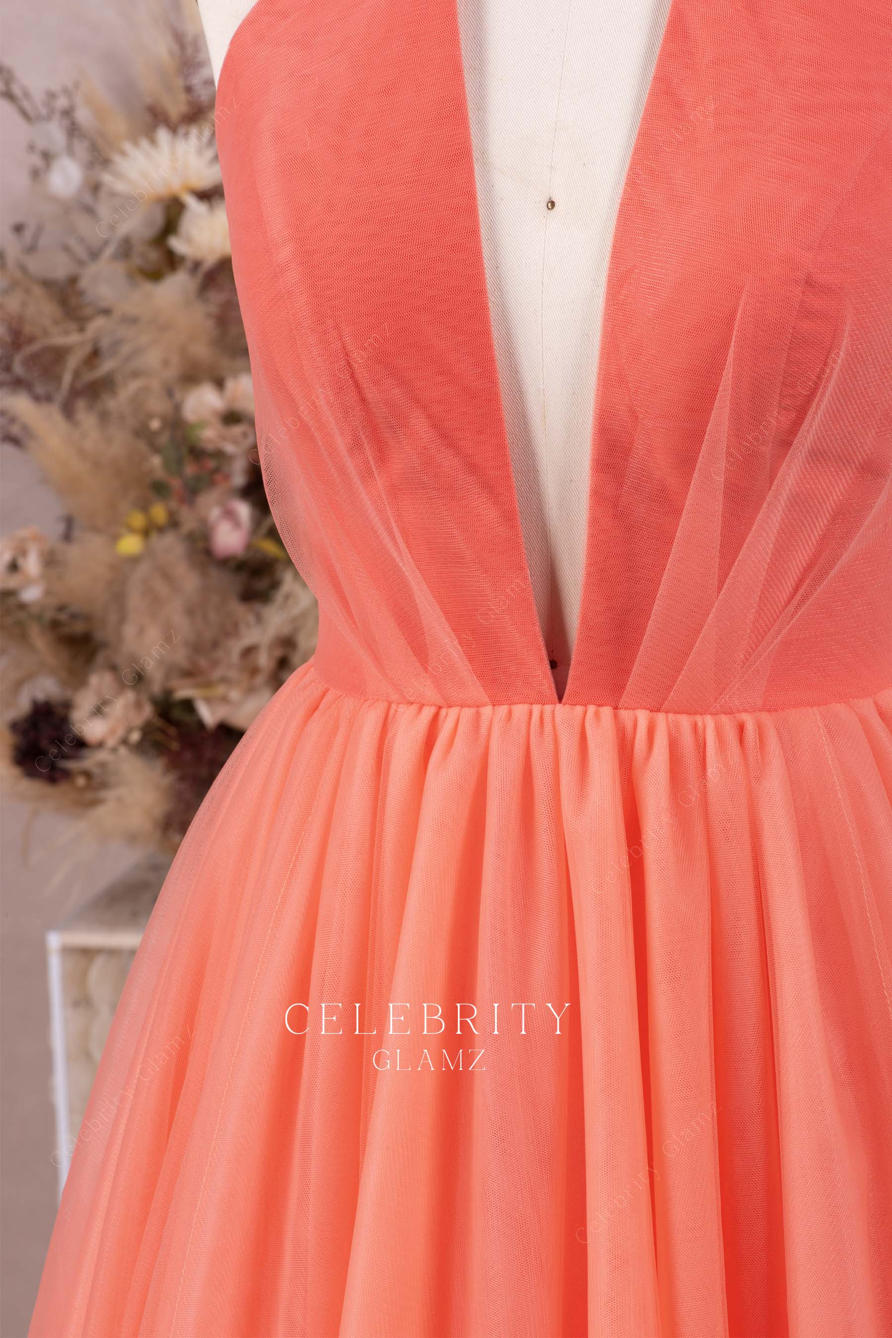 watermelon halter plunging neck prom dress