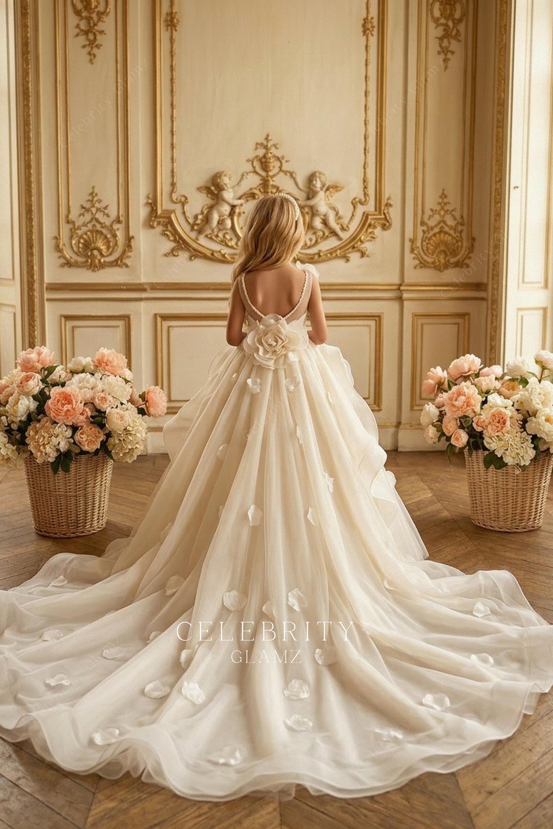white 3d flower v back first communion gown