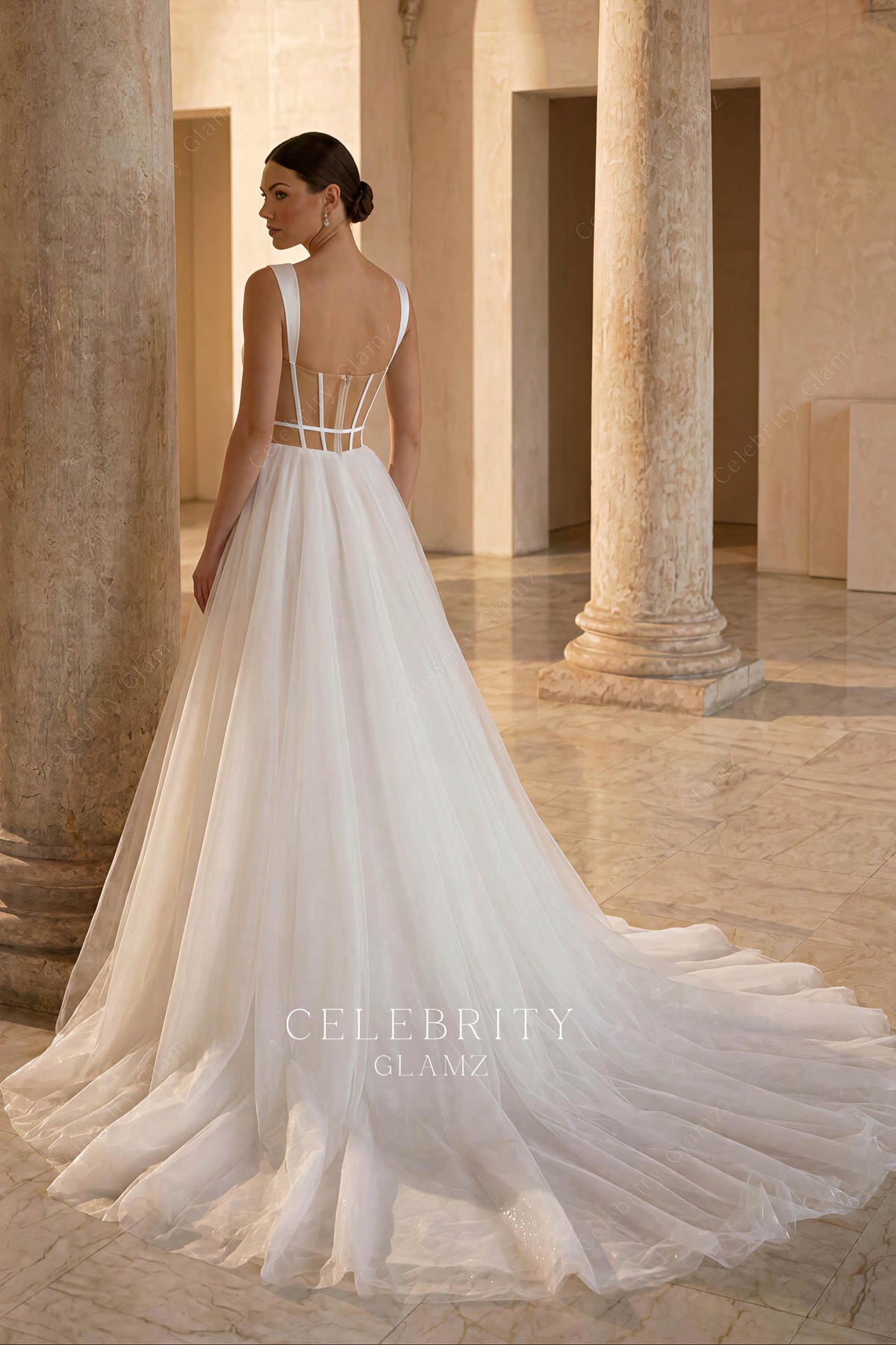 white a line court train bridal dress
